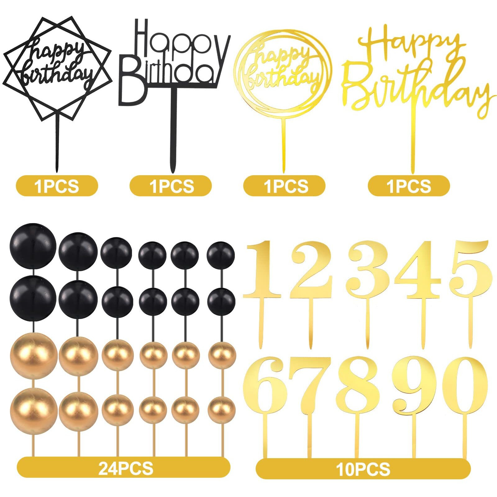 38 Pieces Ball Cake Decorations Set, Acrylic Happy Birthday Cupcake Picks Number 0-9 Toothpicks Ball Shaped Insert Toppers For Holiday Halloween Anniversary Party Favors Supplies (Black Gold)