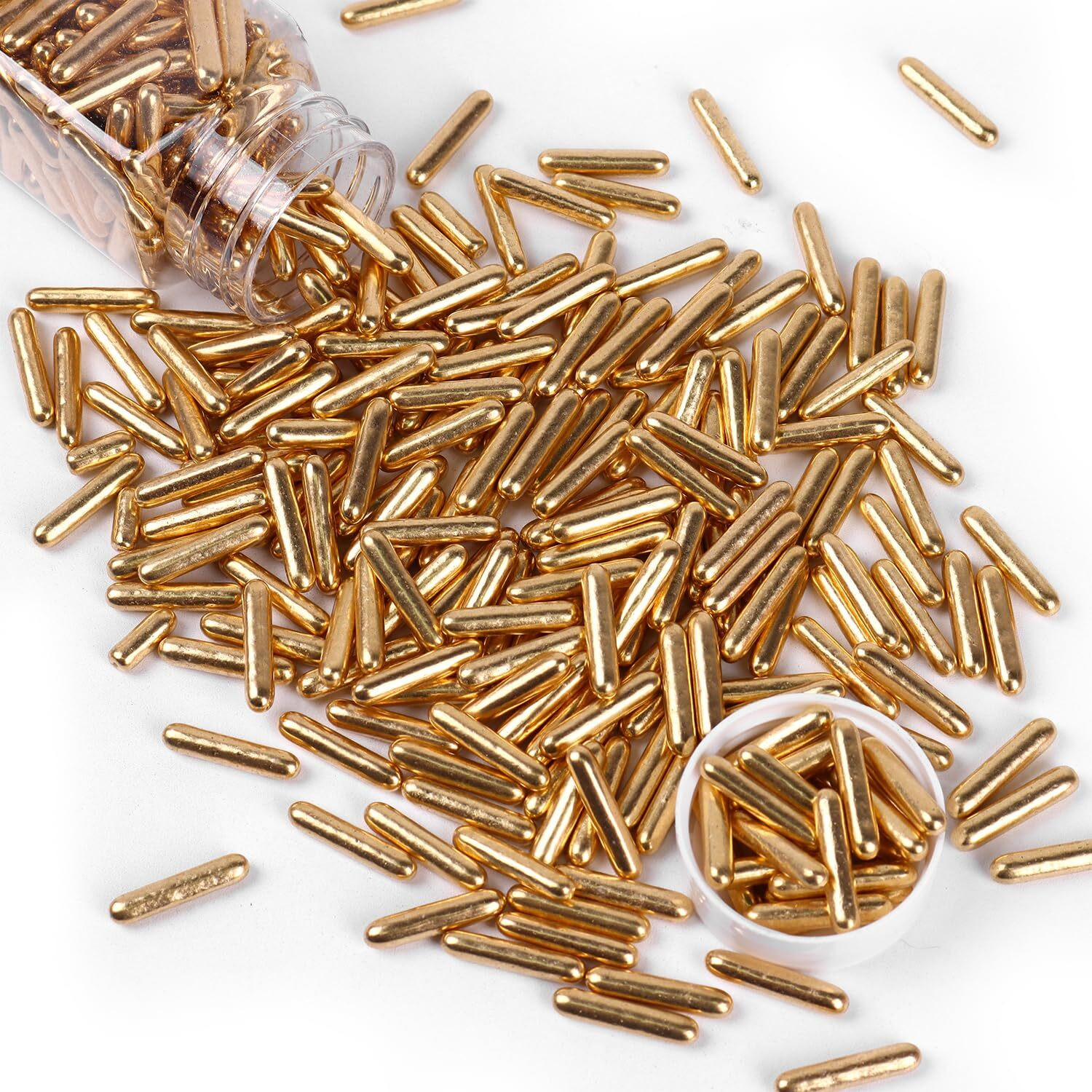 Cobakey Bright Gold Sprinkles For Cake Decorations 100G/ 3.52Oz Rods Metallic Pearl Sugar Sprinkles For Cupcake Toppers Wedding Party Valentines Halloween Christmas Supplies