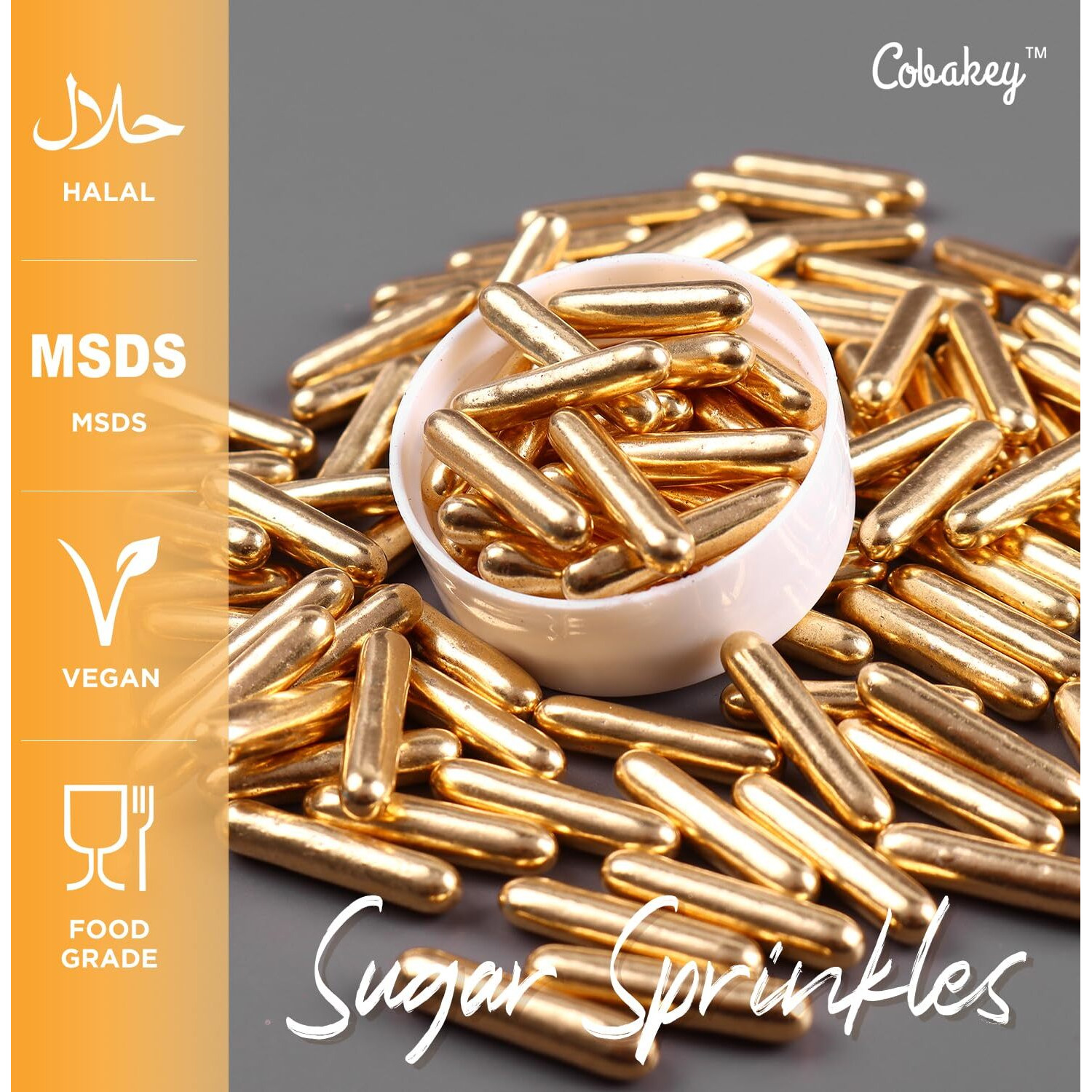 Cobakey Bright Gold Sprinkles For Cake Decorations 100G/ 3.52Oz Rods Metallic Pearl Sugar Sprinkles For Cupcake Toppers Wedding Party Valentines Halloween Christmas Supplies