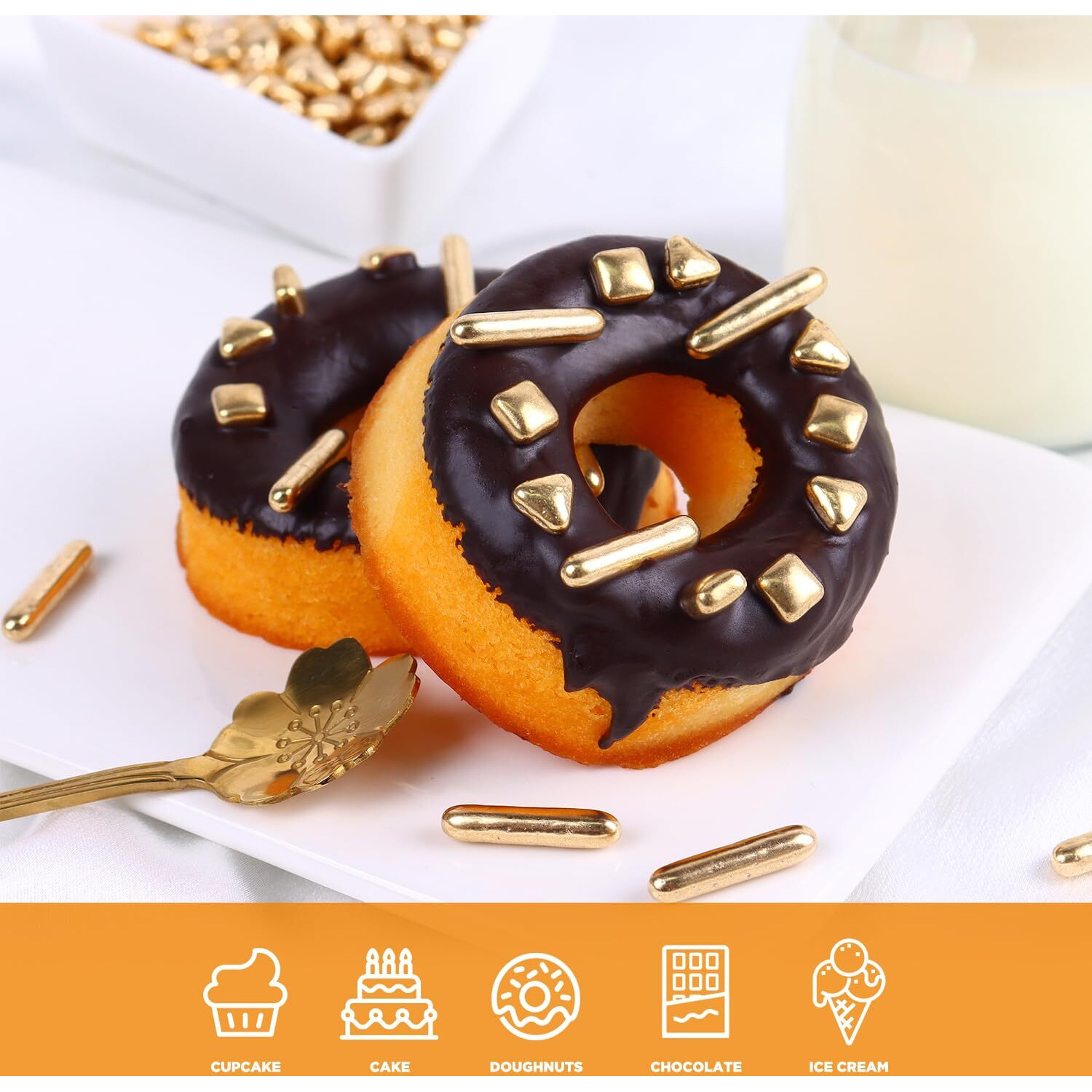 Cobakey Bright Gold Sprinkles For Cake Decorations 100G/ 3.52Oz Rods Metallic Pearl Sugar Sprinkles For Cupcake Toppers Wedding Party Valentines Halloween Christmas Supplies