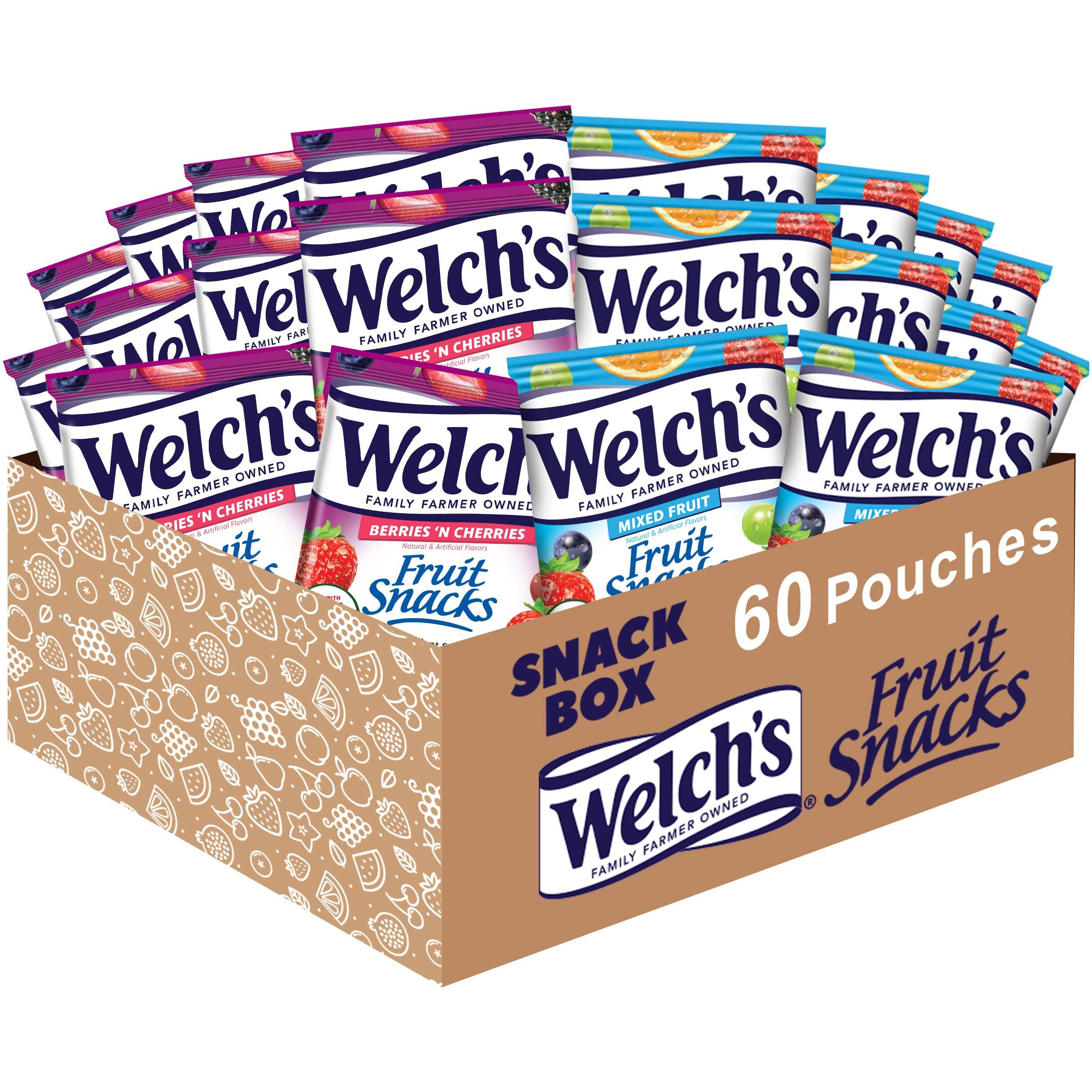 Welch's Fruit Snacks, Mixed Fruit & Berries 'N Cherries Variety Pack, Perfect Halloween Candy Bulk Pack, Gluten Free, 0.8 Oz Individual Single Serve Bags (Pack Of 60)