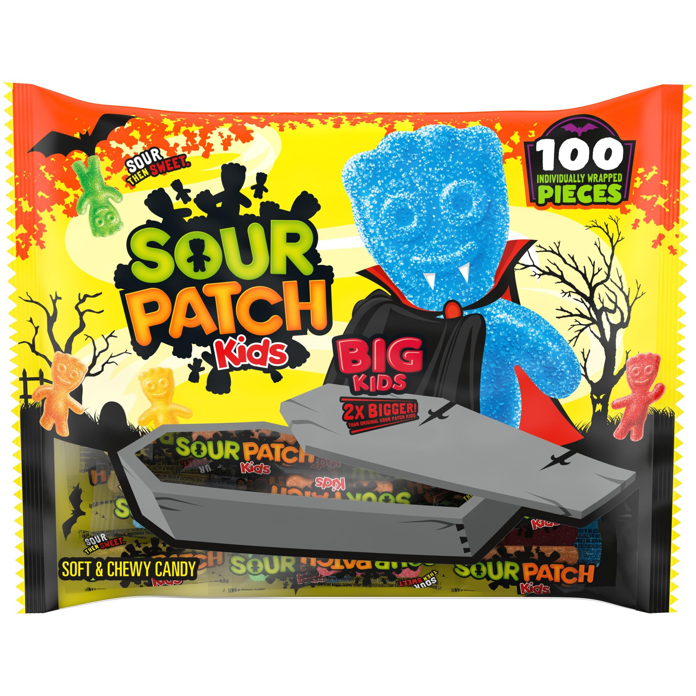 Sour Patch Kids Big Individually Wrapped Soft & Chewy Halloween Candy, 100 Pieces