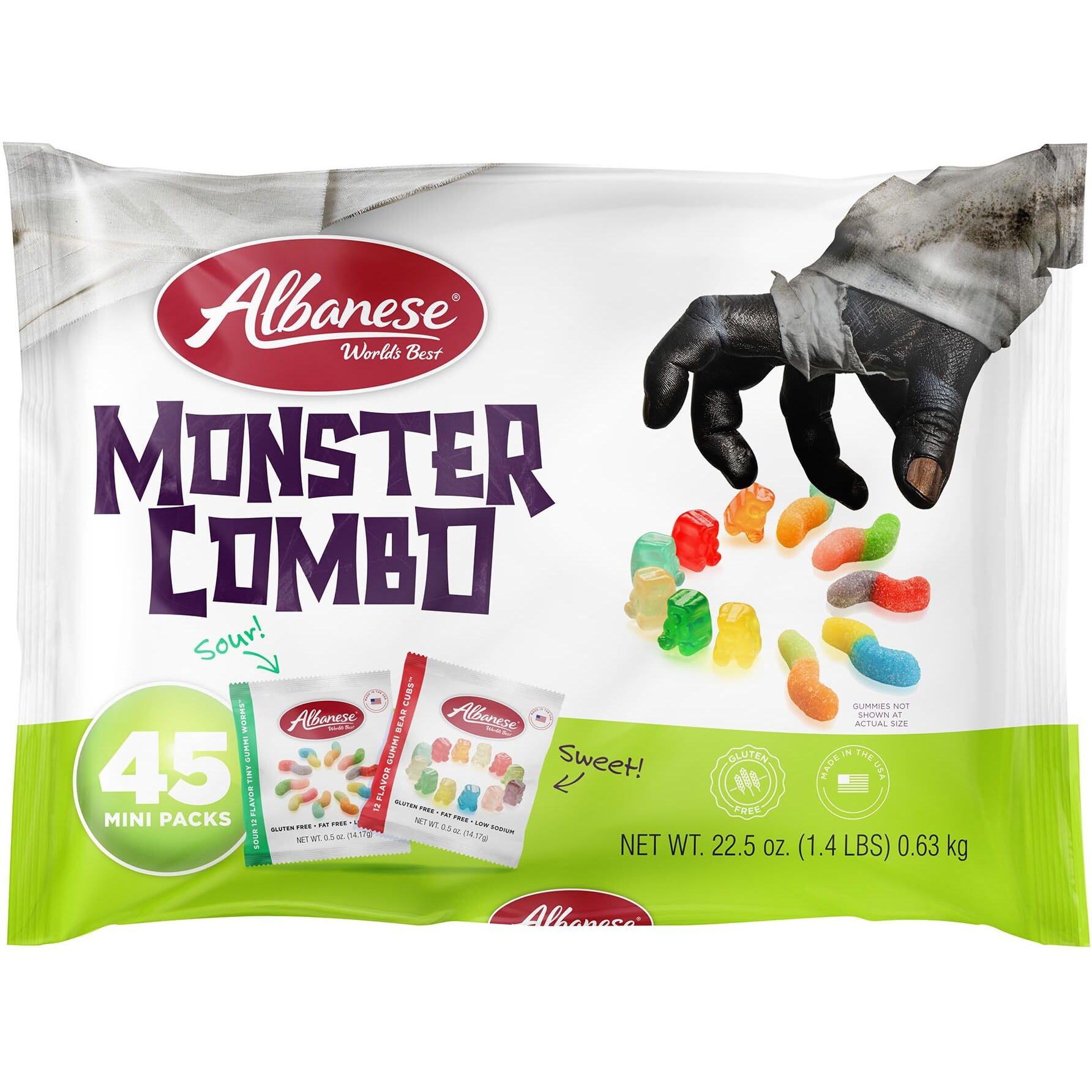 Albanese World's Best, Sweet & Sour Monster Combo, 45-0.5Oz Trick Or Treat Bags Of Halloween Candy