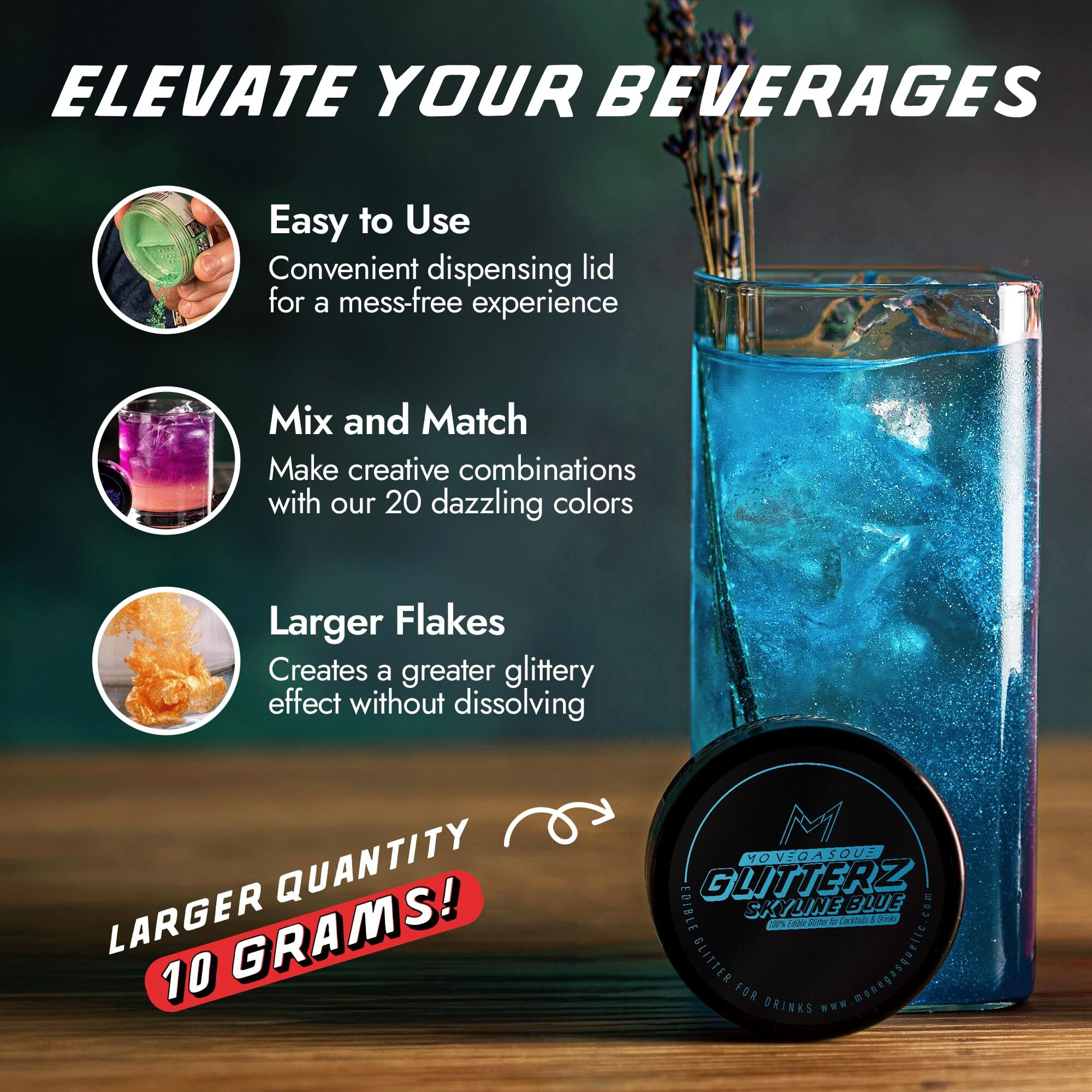 Mon  Gasque Blue Edible Glitter For Cocktails 10G - Halloween Skyline Blue Drink Glitter - Edible Glitter Blue - Blue Edible Glitter For Drinks - Blue Glitter Edible - Edible Blue Glitter Blue Fondant