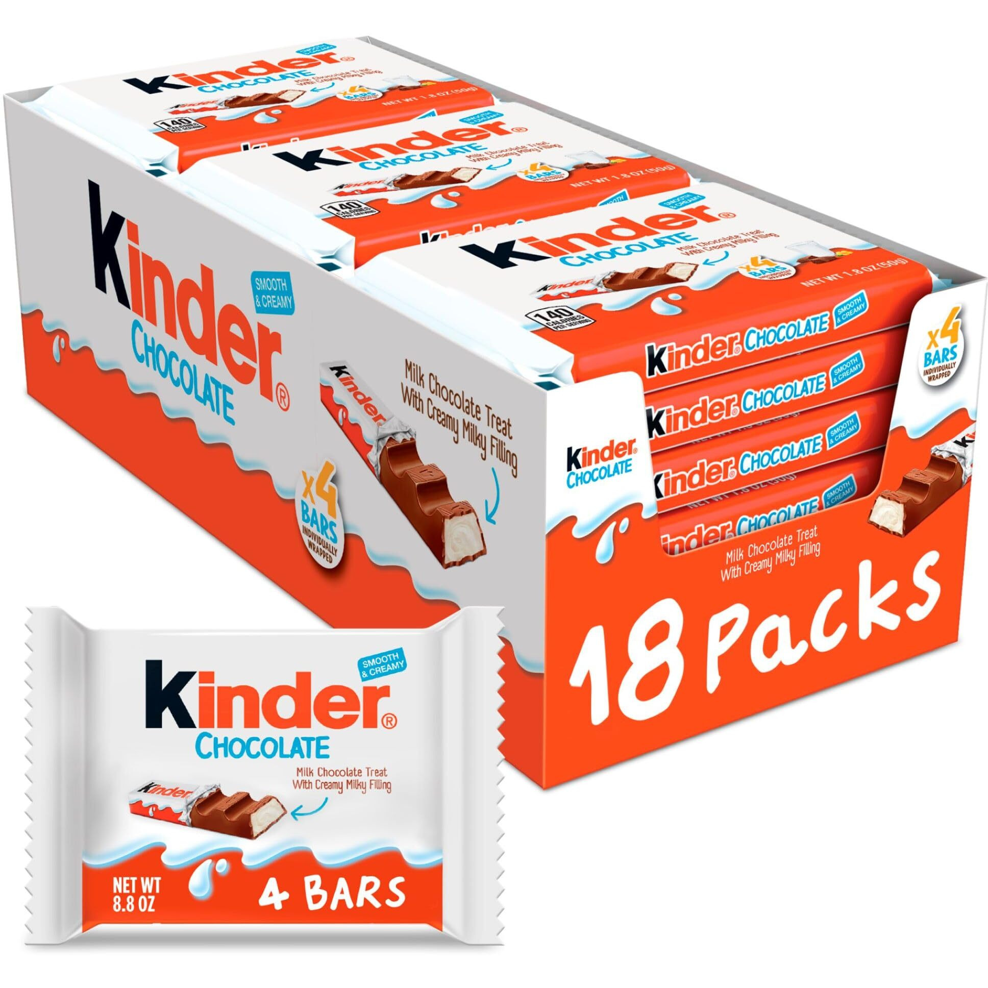 Kinder Chocolate, 18 Four Count Packs, Milk Chocolate Bar With Creamy Milky Filling, Individually Wrapped Halloween Candy, 1.8 Oz Each