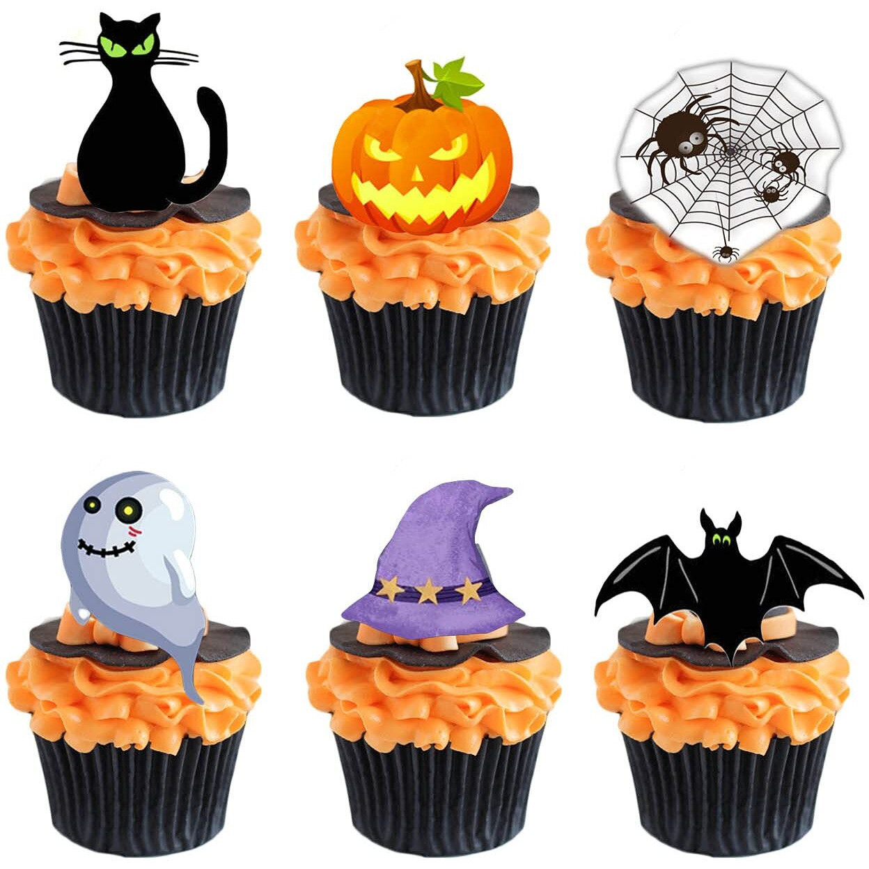 Halloween Edible Cupcake Toppers Pumpkin Ghost Bat Black Cat - Pre-Cut Wafer Paper Cake Decorations