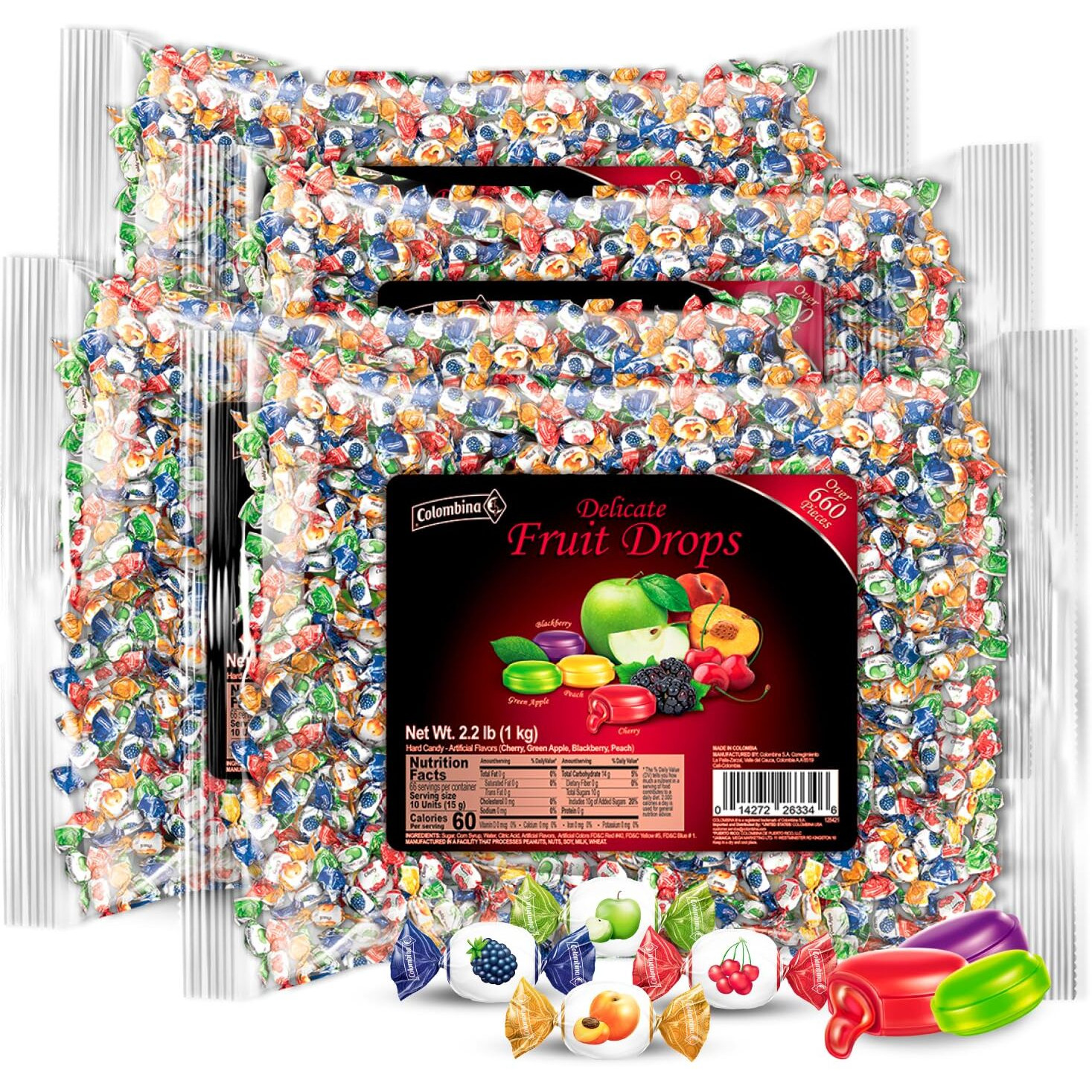 Colombina Delicate Fruit Drops, 4 Assorted Fruit Candy Flavors, Individually Wrapped, Ideal For Easter, Halloween, And Christmas, 2.2Lbs (Pack Of 4)