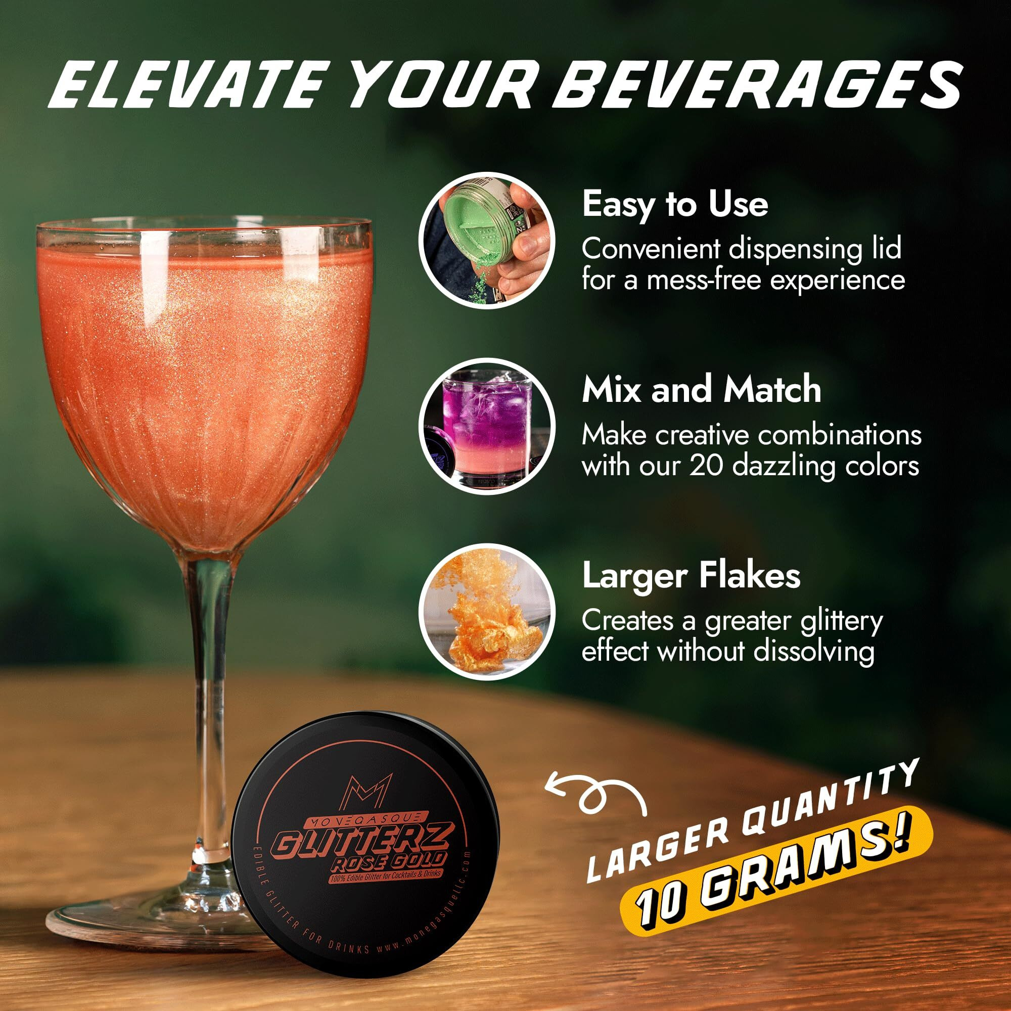 Mon  Gasque Rose Gold Edible Glitter For Cocktails 10G - Halloween Edible Rose Gold Glitter - Rose Gold Spirnkles Edible - Rose Gold Food Coloring & Rose Gold Sprinkles For Cupcakes - Drink Glitter