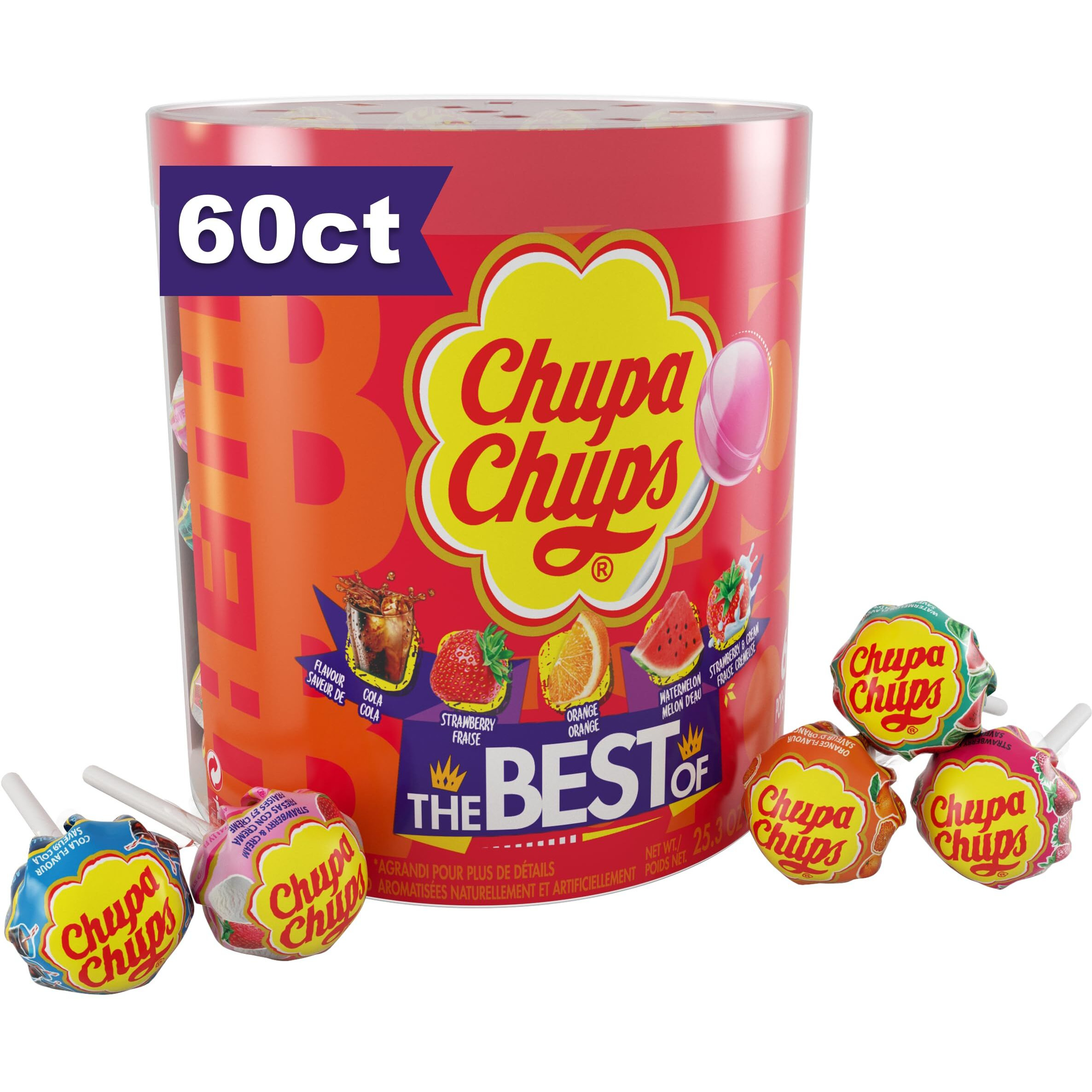 Chupa Chups Best Of Lollipop Assortment, 5 Flavors, Individually Wrapped Candy For Kids, 25.3 Oz Drum (60 Suckers)