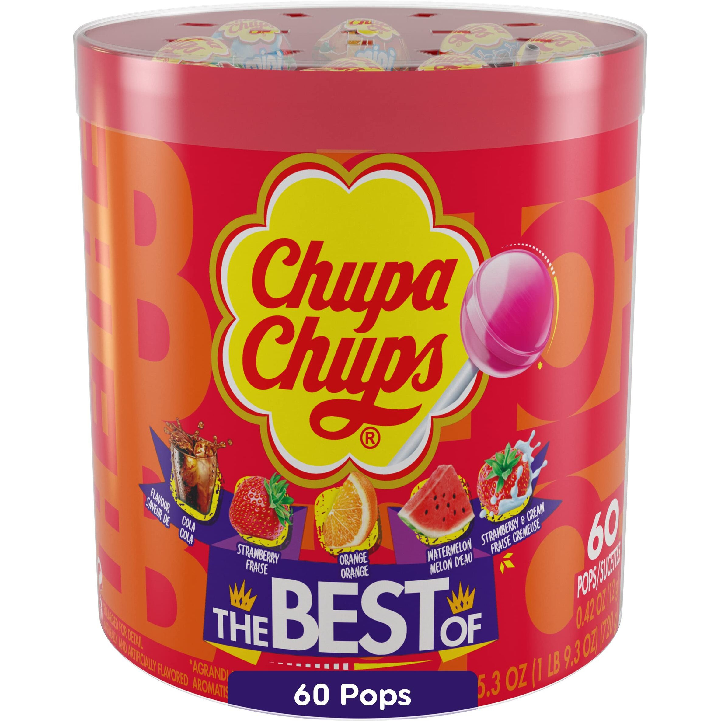 Chupa Chups Best Of Lollipop Assortment, 5 Flavors, Individually Wrapped Candy For Kids, 25.3 Oz Drum (60 Suckers)