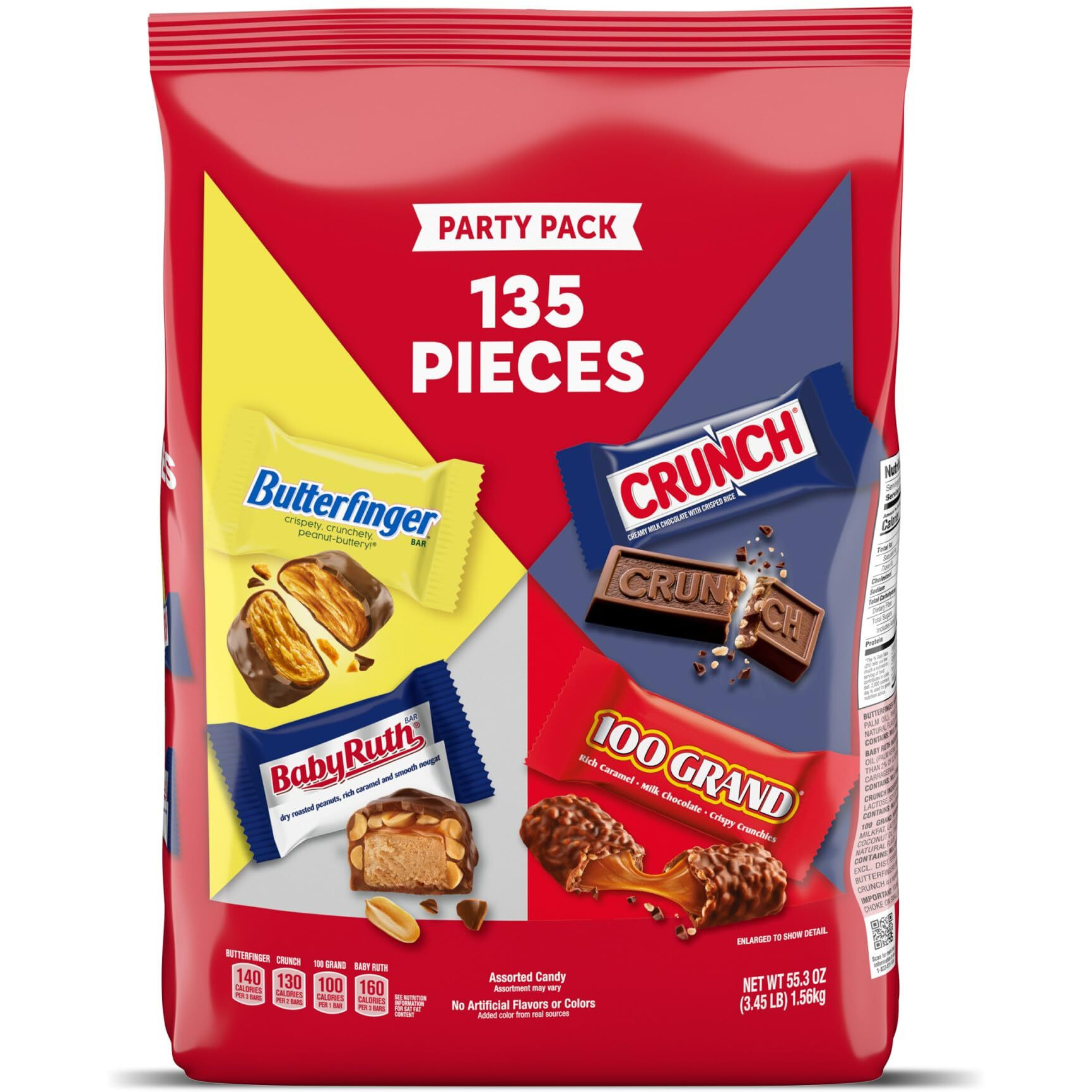 Butterfinger, Crunch, Baby Ruth And 100 Grand, 135 Count, Assorted Mini Size Individually Wrapped Candy Bars, Halloween Candy, 55.3 Oz