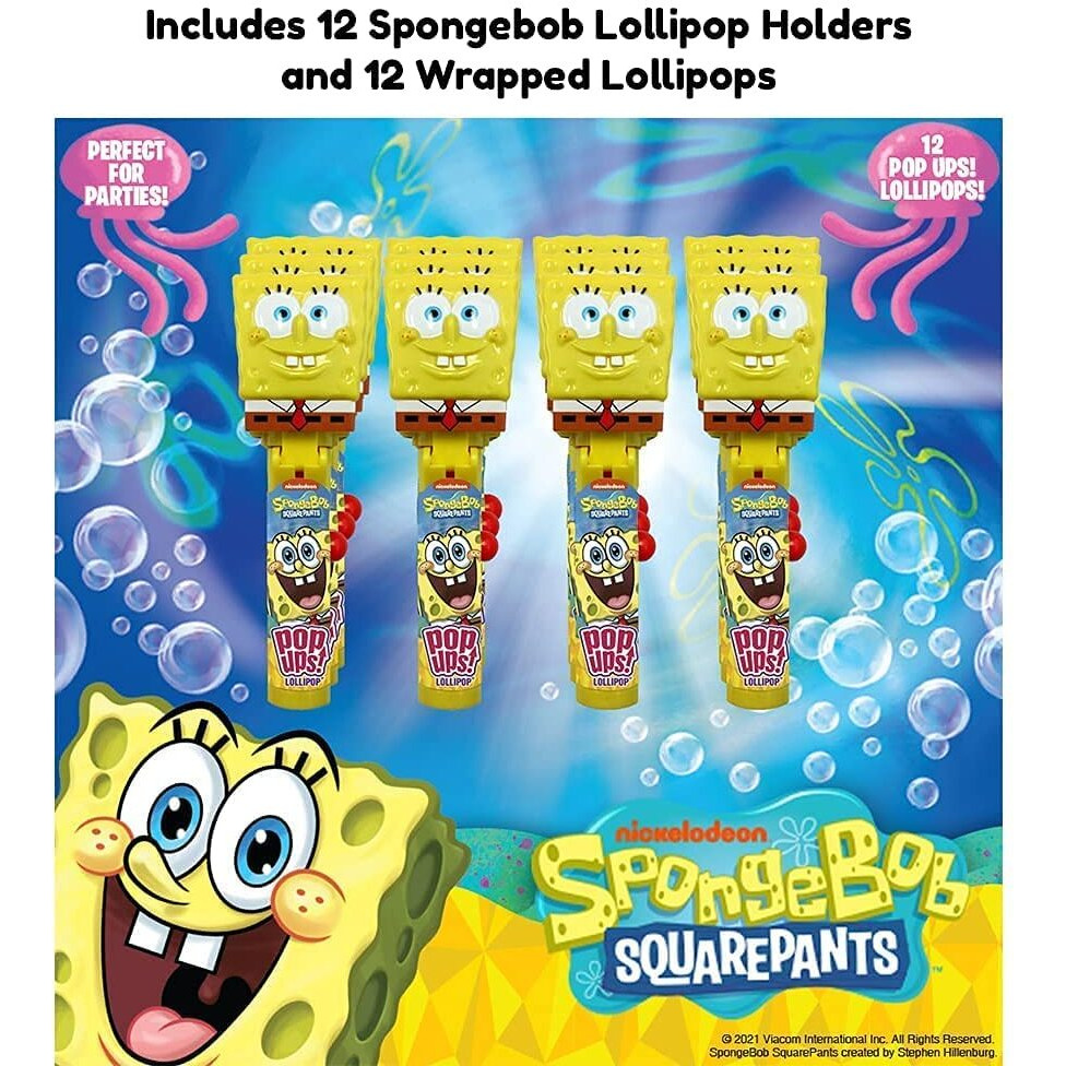 Pop Ups Spongebob Squarepants Lollipop Holder | Collectable Spongebob Toy Lollipop Case | Party Favors For Halloween, Goodie Bags, Piata Candy, Game Prizes | Bulk Set Of 12 | Lollipops Included