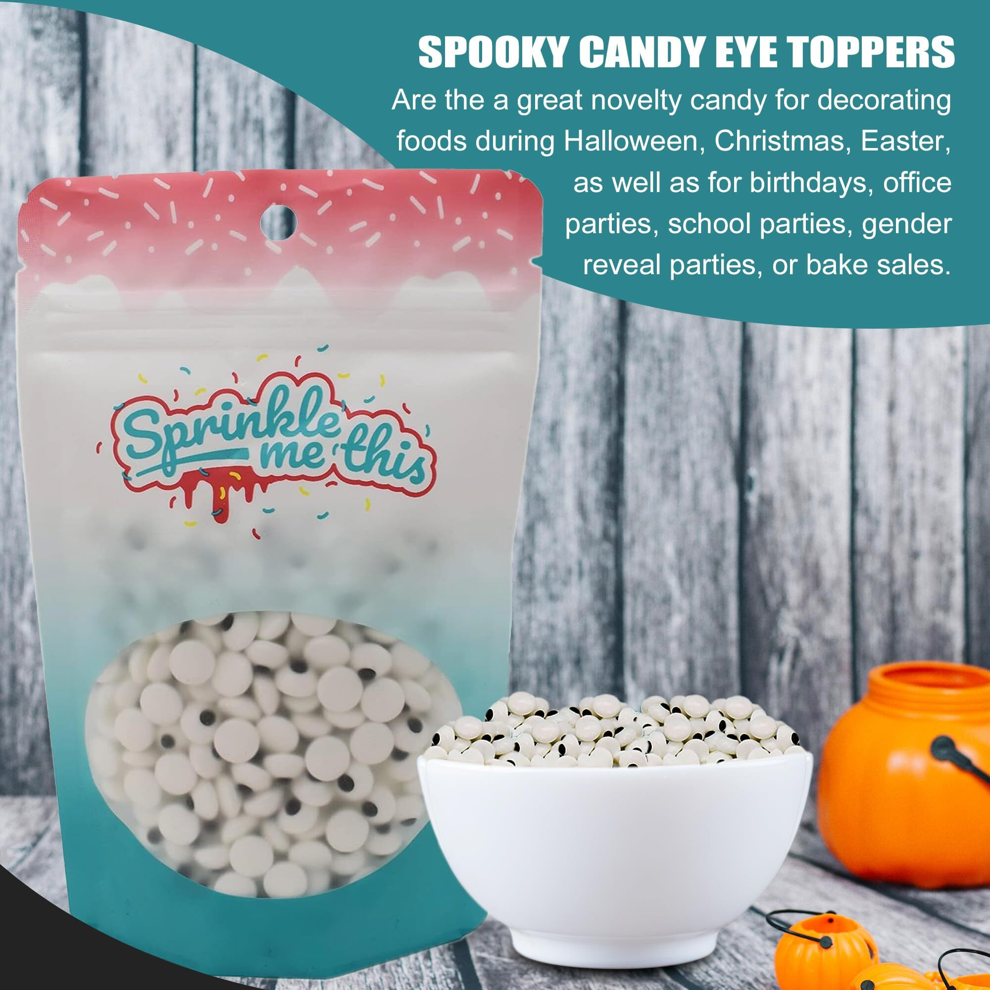 Spooky Eye Toppers - 4 Oz Resealable Stand Up Candy Bag - Edible Baking Decorations - Funny White Googly Eyes For Cupcakes, Cakes, Cookies, Brownies - Halloween, Easter, And Edible Art Project Candy