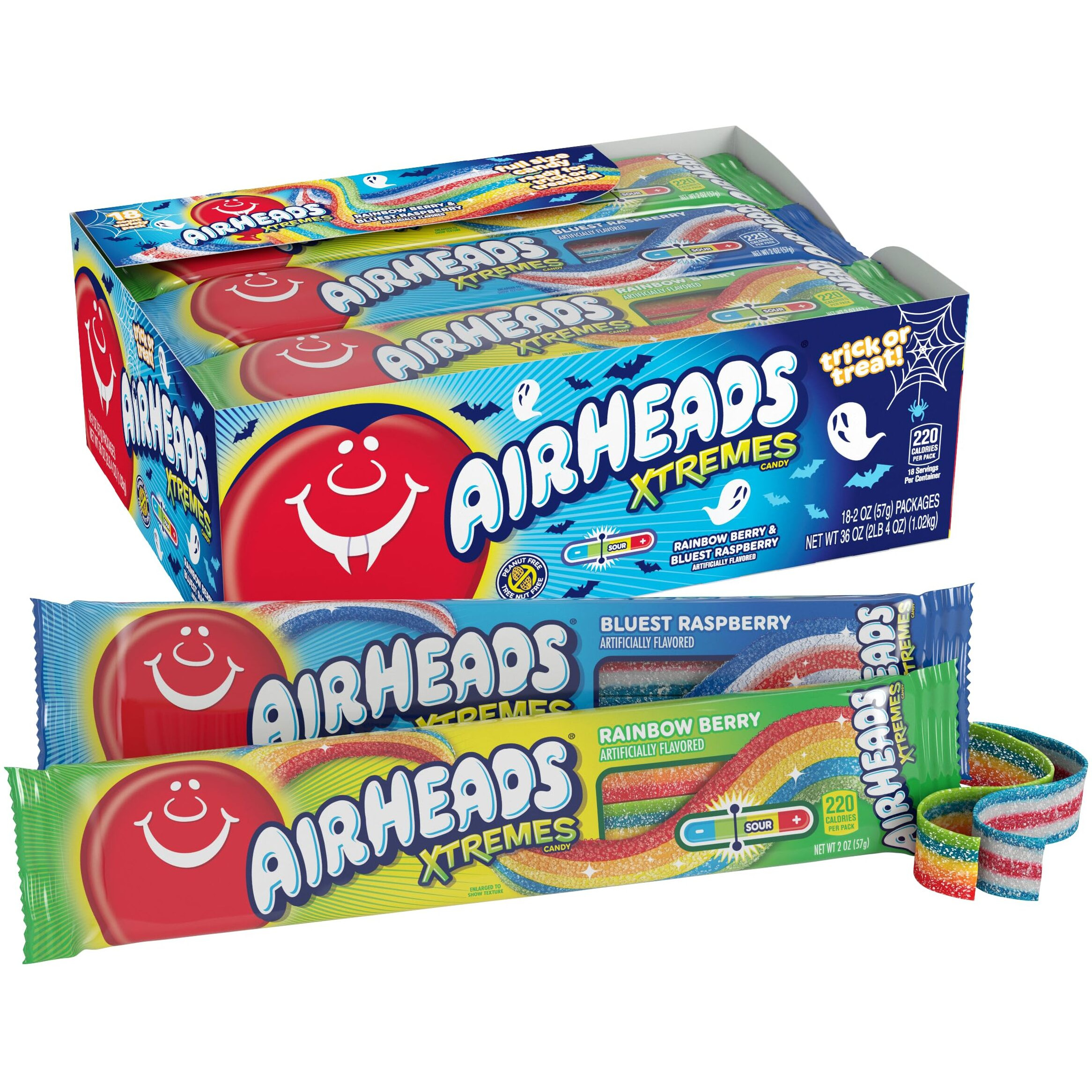 Airheads Xtremes Belts, Halloween Trick Or Treat Sweetly Sour Candy, Rainbow Berry And Bluest Raspberry Flavors, Individually Wrapped Bulk Candy For Adults & Kids, Assorted Multipack, 2 Oz (Pack Of 18)