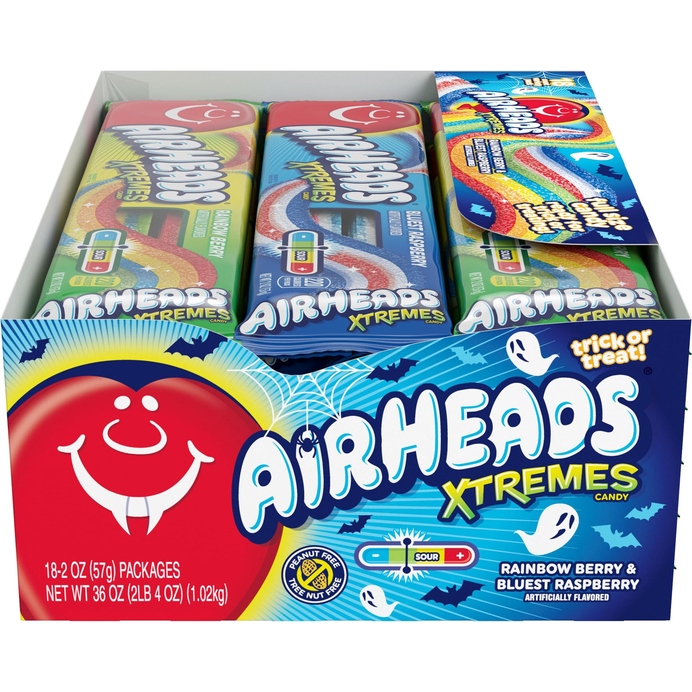 Airheads Xtremes Belts, Halloween Trick Or Treat Sweetly Sour Candy, Rainbow Berry And Bluest Raspberry Flavors, Individually Wrapped Bulk Candy For Adults & Kids, Assorted Multipack, 2 Oz (Pack Of 18)