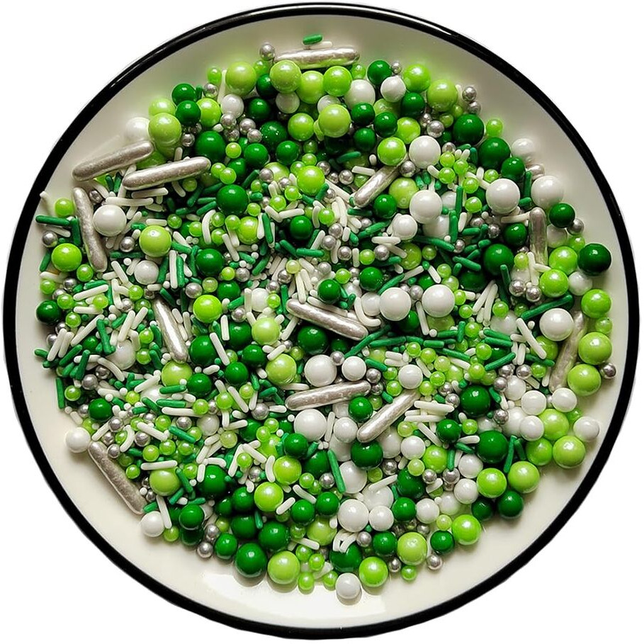 Edible Green White Pearl Sugar Sprinkles Candy Mix Size Baking Edible Cake Decorations Cupcake Toppers Cookie Decorating Wedding Party Valentine Halloween Christmas Supplies 100G/3.53Oz
