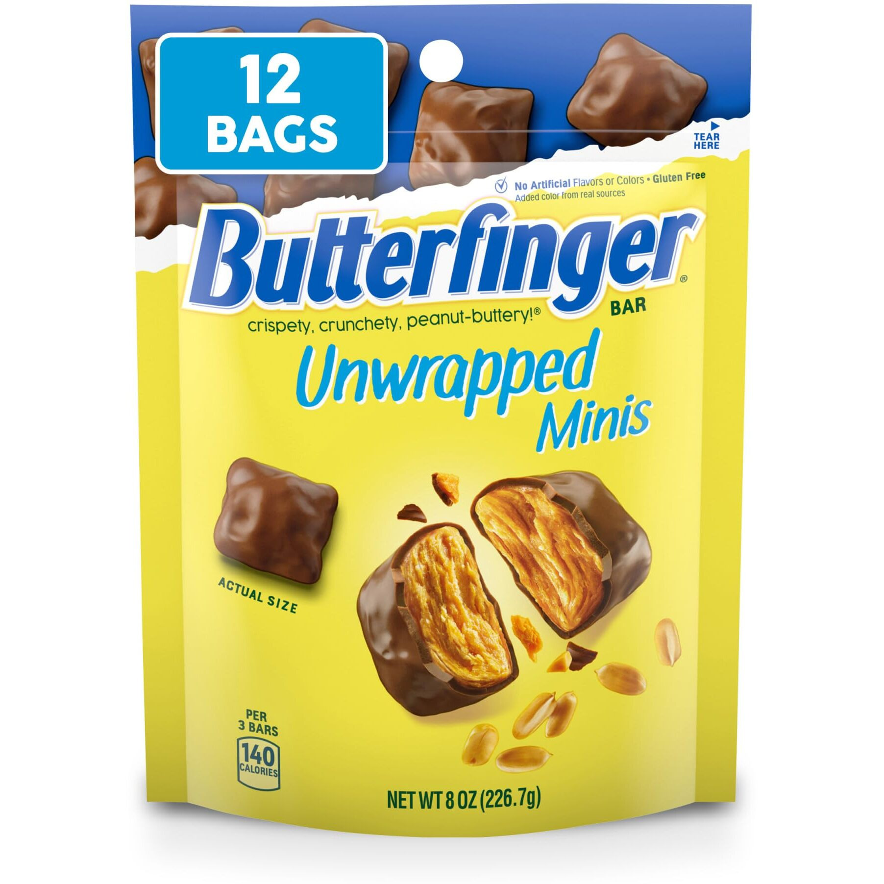 Butterfinger Unwrapped Minis, Bulk 12 Bags, Chocolatey, Peanut-Buttery, Resealable Bag, Halloween Candy, 8 Oz Each
