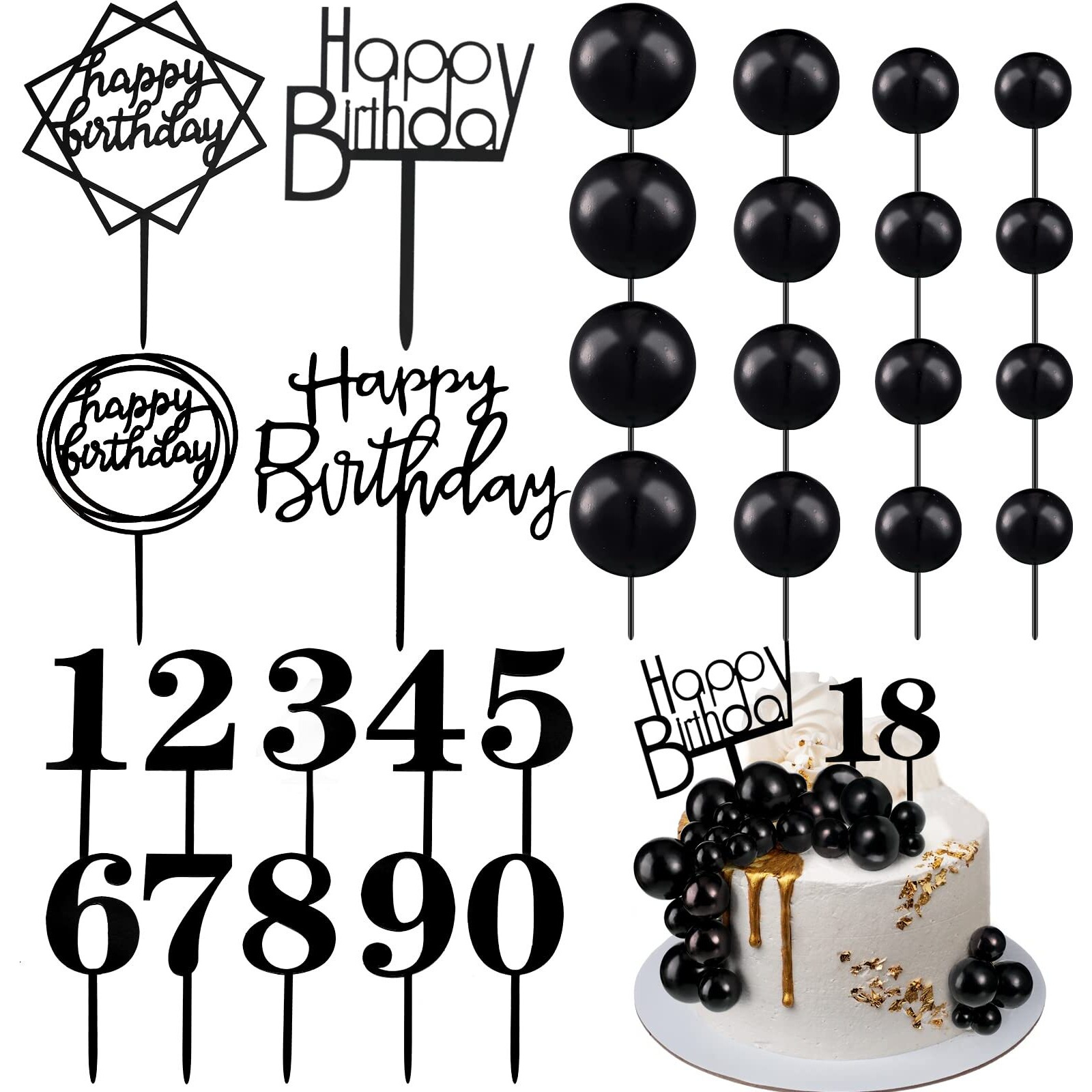 38 Pieces Ball Cake Decorations Set, Acrylic Happy Birthday Cupcake Picks Number 0-9 Toothpicks Ball Shaped Insert Toppers For Holiday Halloween Anniversary Party Favors Supplies (Black)