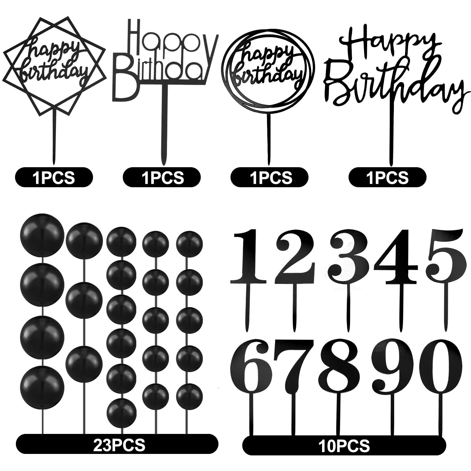 38 Pieces Ball Cake Decorations Set, Acrylic Happy Birthday Cupcake Picks Number 0-9 Toothpicks Ball Shaped Insert Toppers For Holiday Halloween Anniversary Party Favors Supplies (Black)