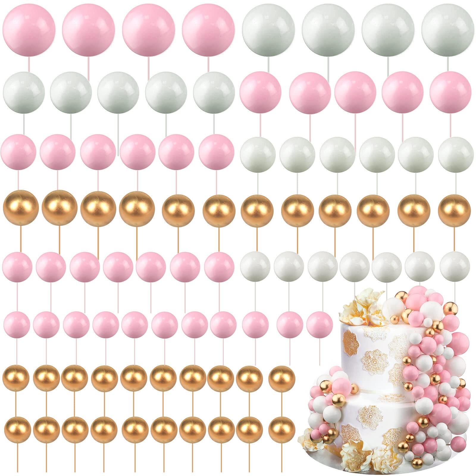 Tondiamo 108 Pcs Balls Cake Topper Balloons Cupcake Topper Diy Cake Insert Topper Foam Cake Balls Baking Decoration For Wedding Anniversary Birthday (Pink, White, Gold,Multi Sizes)