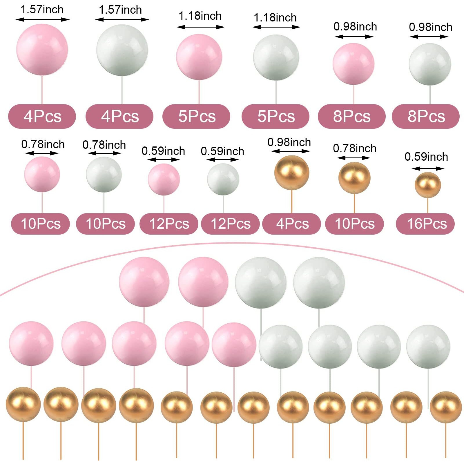 Tondiamo 108 Pcs Balls Cake Topper Balloons Cupcake Topper Diy Cake Insert Topper Foam Cake Balls Baking Decoration For Wedding Anniversary Birthday (Pink, White, Gold,Multi Sizes)