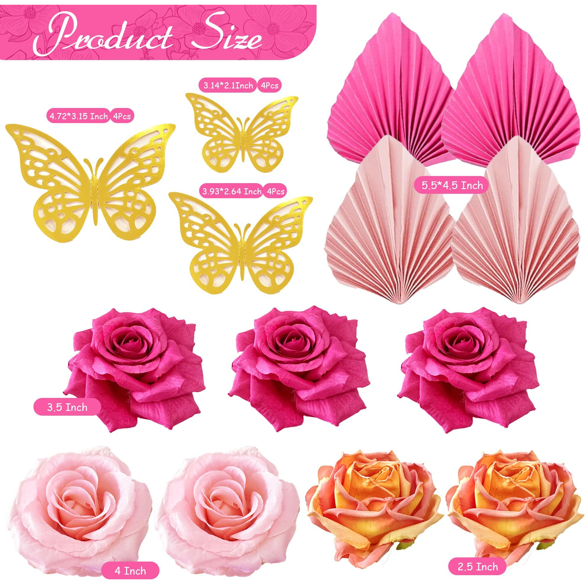 Boho Cake Topper Flower Palm Leaves Cake Decorations For Bohemian Wedding Baby Shower Birthday Party Supplies (Hot Pink)