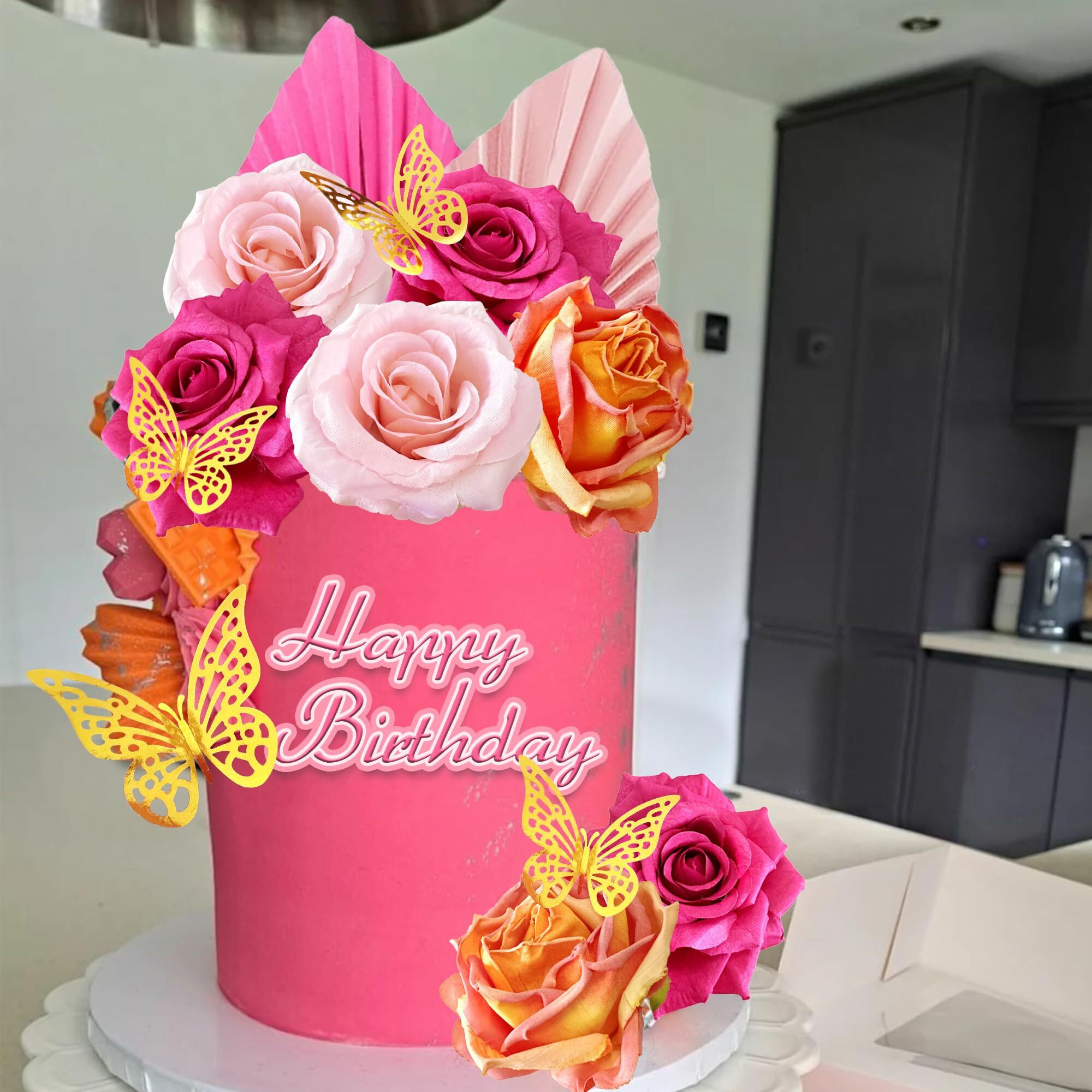 Boho Cake Topper Flower Palm Leaves Cake Decorations For Bohemian Wedding Baby Shower Birthday Party Supplies (Hot Pink)