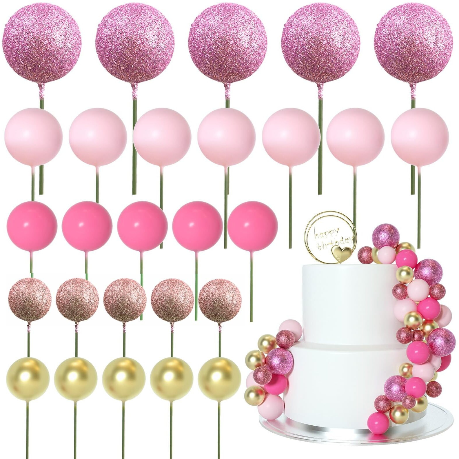 Astaron 50 Pcs Ball Cake Topper Sticks Mini Balloons For Cake Decorating Supplies Foam Balls Cake Decorations For Baby Shower Cake Birthday Cake Toppers Decorations (Pink Series)