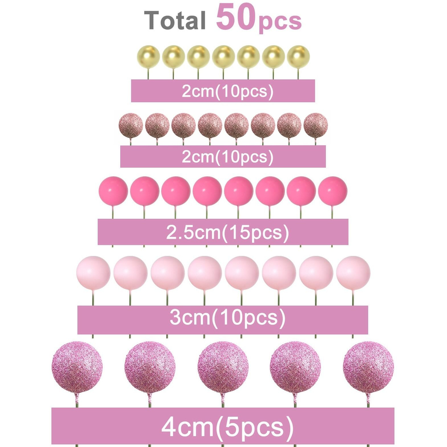 Astaron 50 Pcs Ball Cake Topper Sticks Mini Balloons For Cake Decorating Supplies Foam Balls Cake Decorations For Baby Shower Cake Birthday Cake Toppers Decorations (Pink Series)