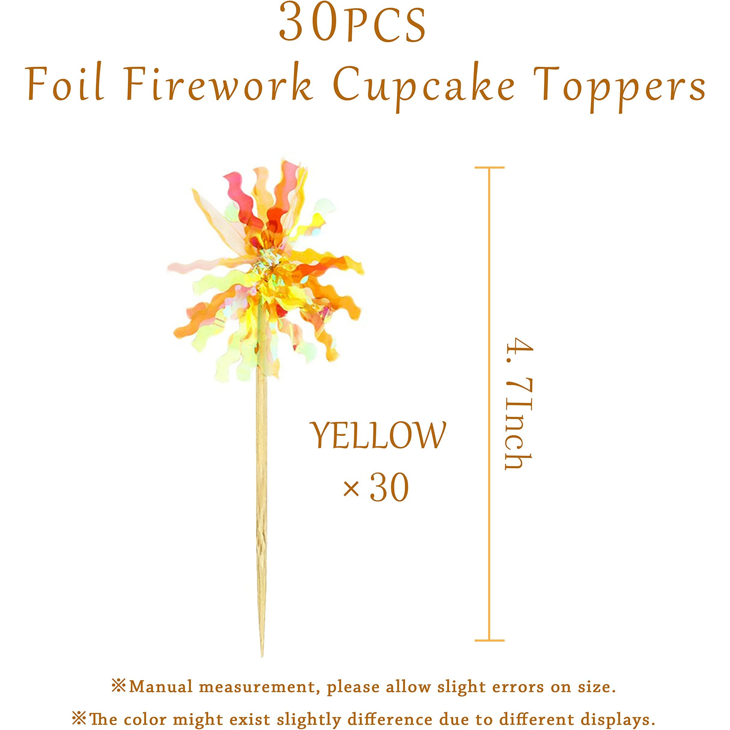30Pcs Cupcake Toppers, Takemay Sparkle Yellow Foil Firework Cake Toppers, Cupcake Picks For Party Birthday Wedding Ceremony