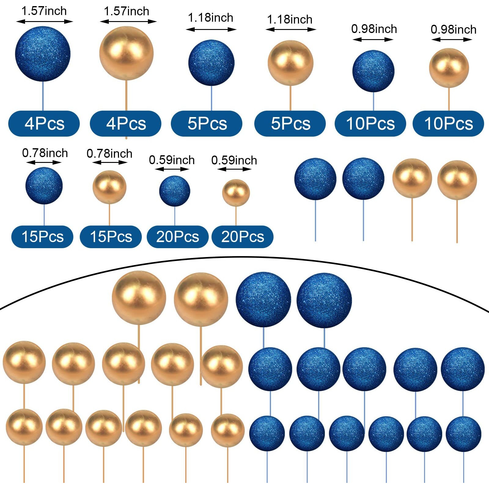 Tondiamo 108 Pcs Balls Cake Topper Balloons Cupcake Topper Diy Cake Insert Topper Foam Cake Balls Baking Decoration For Wedding Anniversary Birthday (Bright Blue, Gold,Multi Sizes)