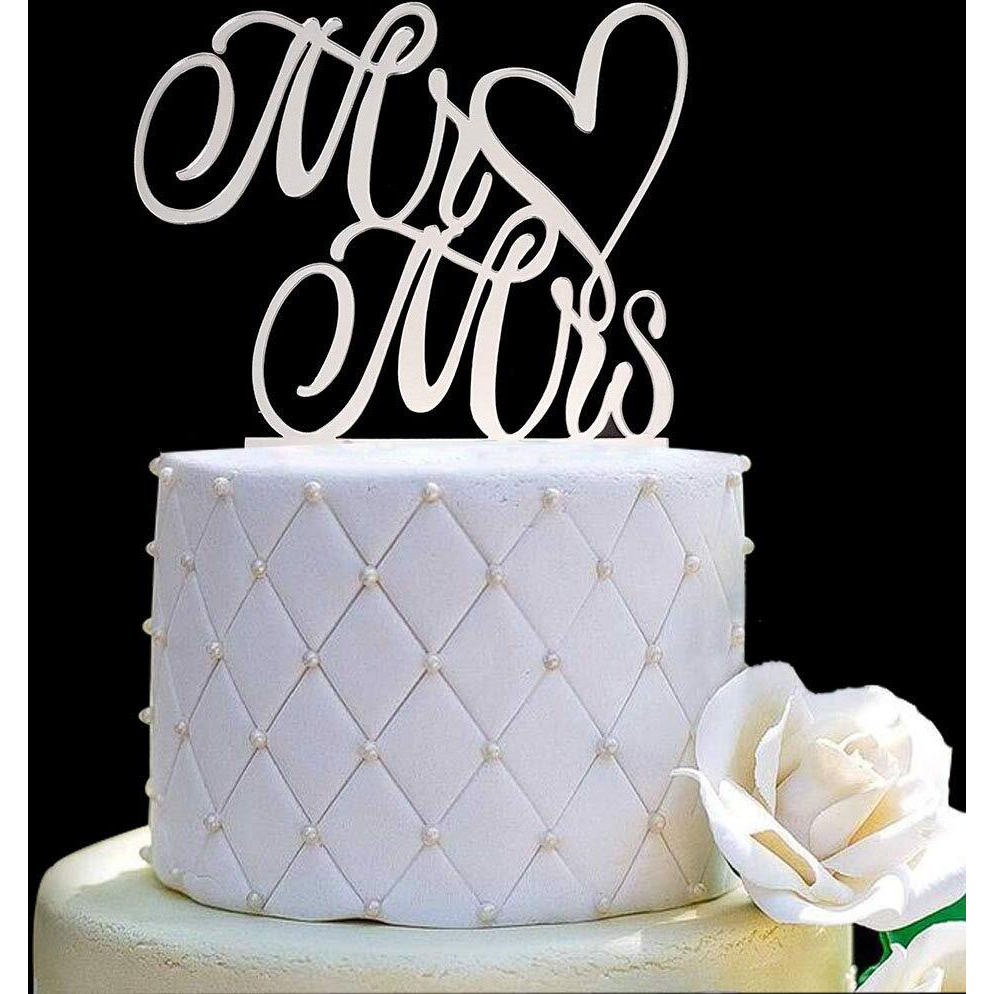 Mr And Mrs Cake Topper, Bride And Groom Sign Wedding, Engagement Cake Toppers Decorations (Mirror Silvery Acrylic)