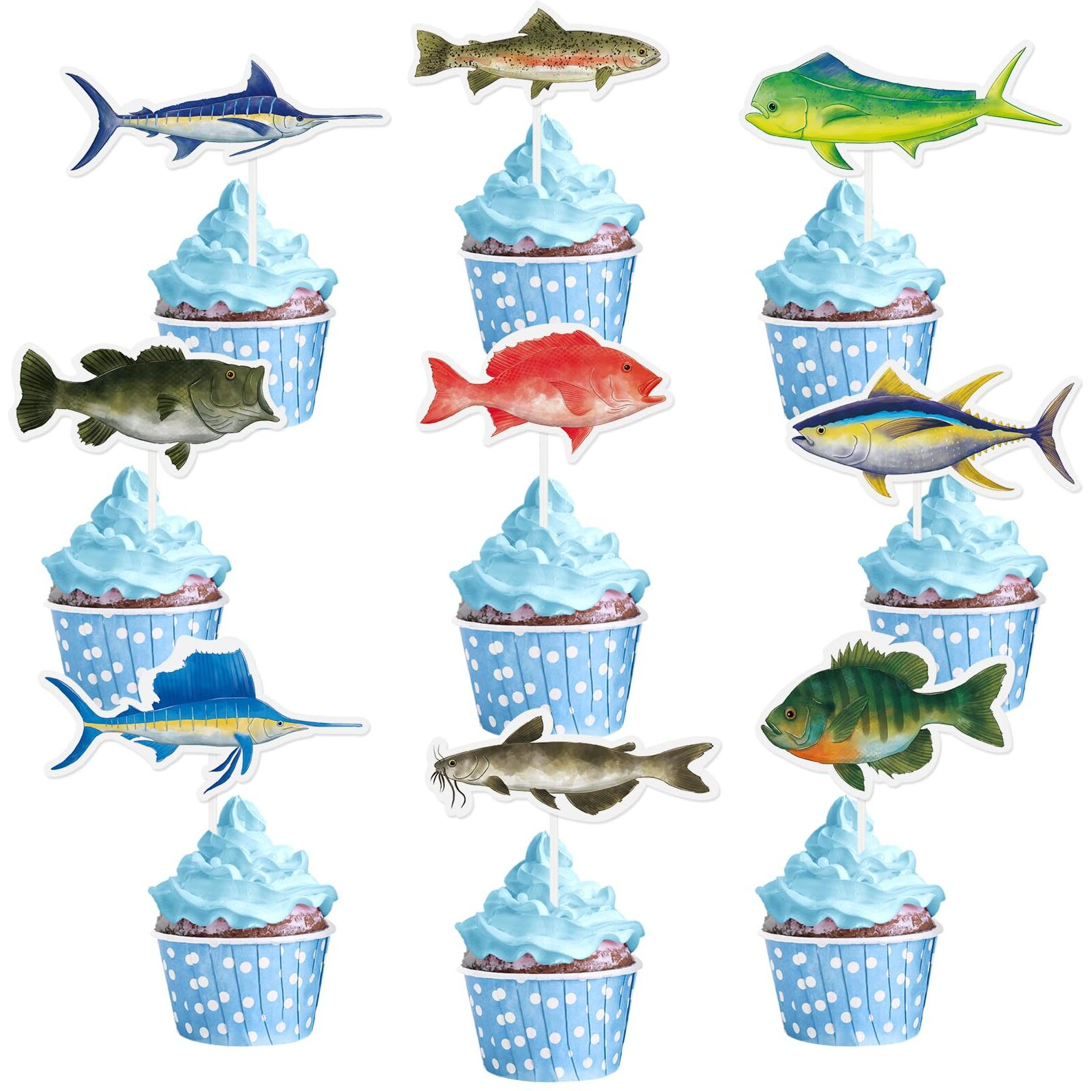 Wernnsai 36Pcs Fishing Cupcake Toppers Gone Fishing Birthday Cake Toppers Supplies For Baby Shower Fisherman Boys Birthday Party Dessert Decorations For Picks Summer Outdoor Fishing Party Decor