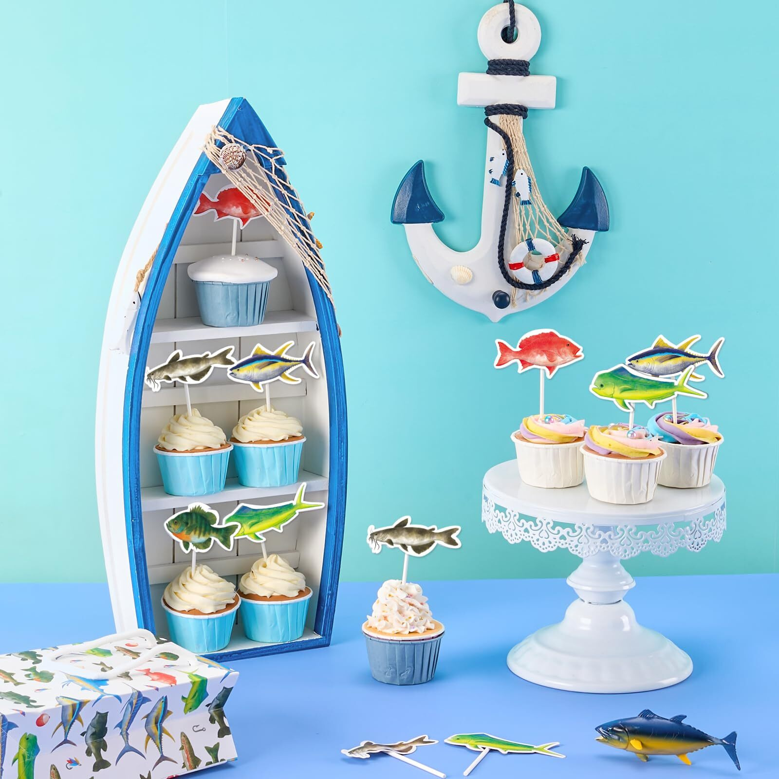 Wernnsai 36Pcs Fishing Cupcake Toppers Gone Fishing Birthday Cake Toppers Supplies For Baby Shower Fisherman Boys Birthday Party Dessert Decorations For Picks Summer Outdoor Fishing Party Decor