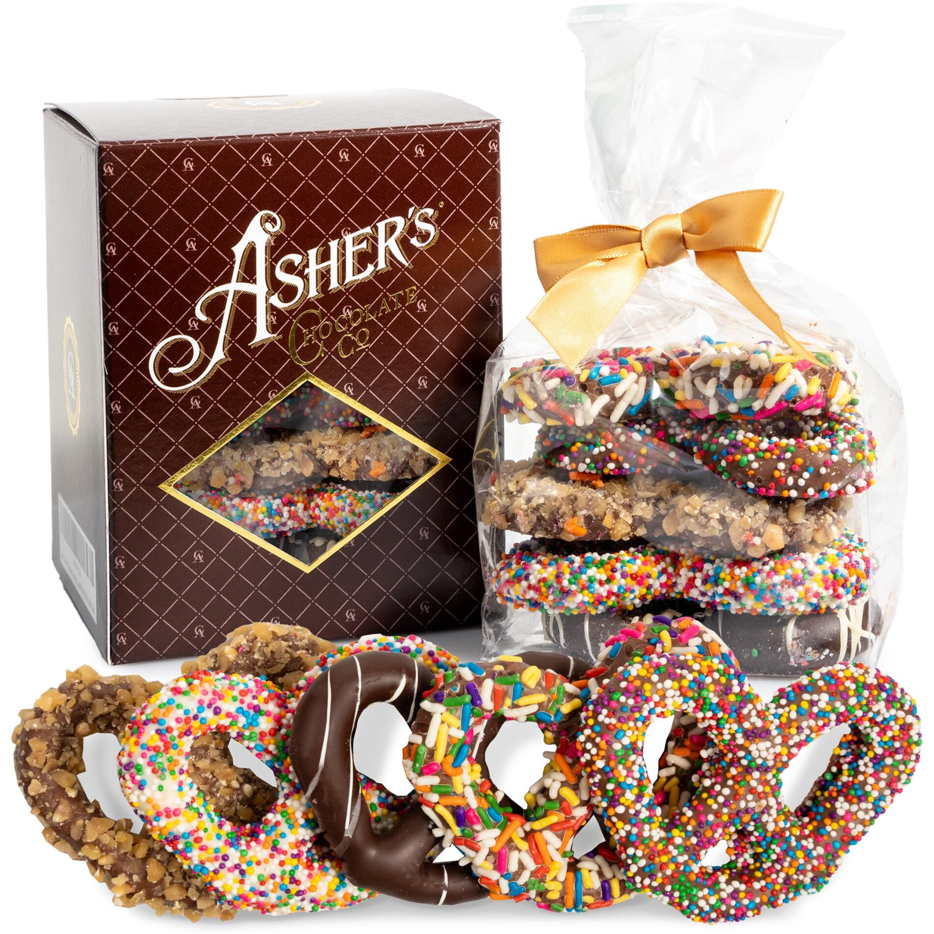 Asher's Chocolates, Chocolate Covered Pretzels Gift Basket, Holiday Assortment Of Candy, Small Batches Of Kosher Chocolate, Family Owned Since 1892, Improved Box Design (Milk & Dark)
