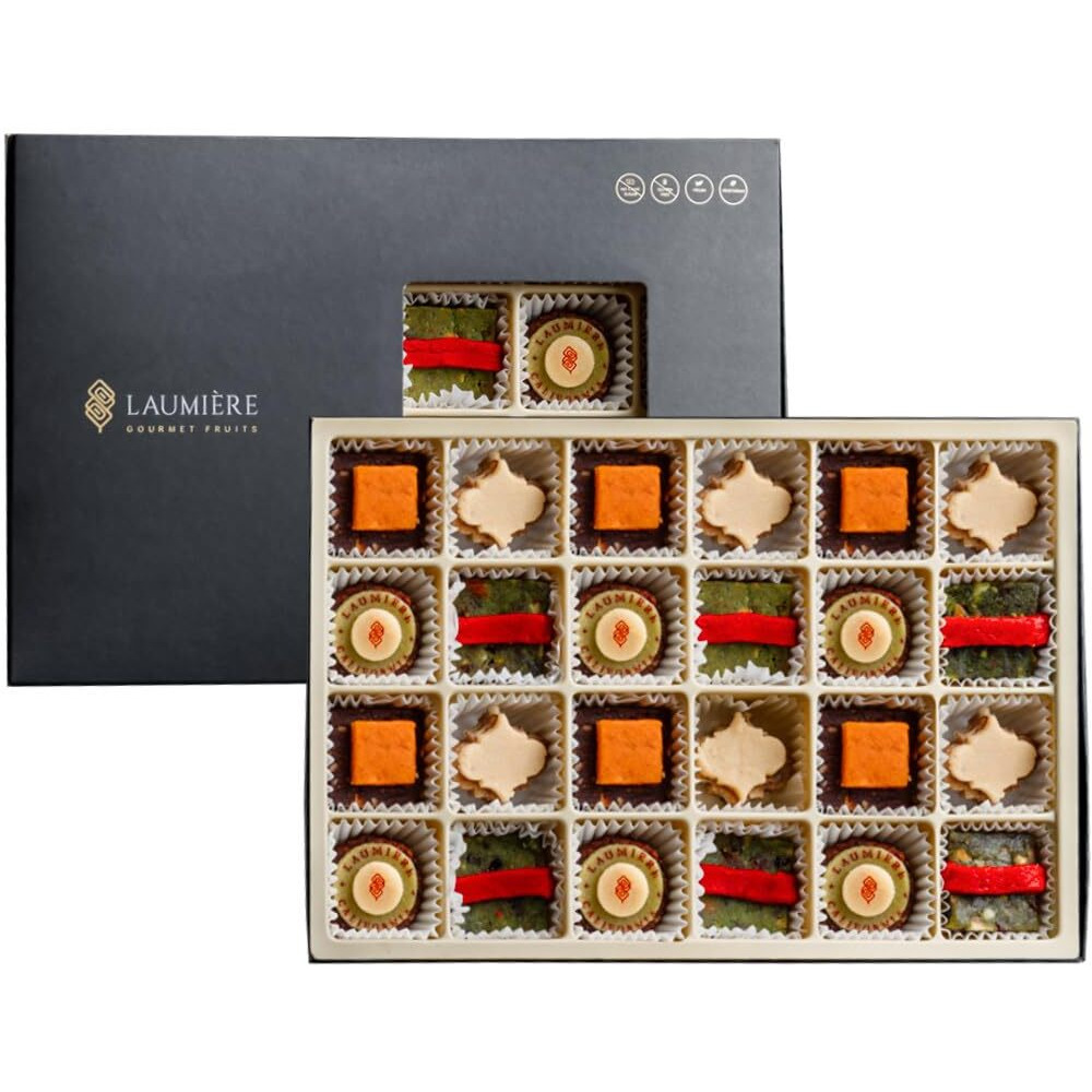 Laumiere Gourmet Fruits - Le Cadeau Parfait Collection Rectangle (24 Pcs) - Gift Dried Fruits And Nuts Basket - Gluten Free - No Added Cane Sugar
