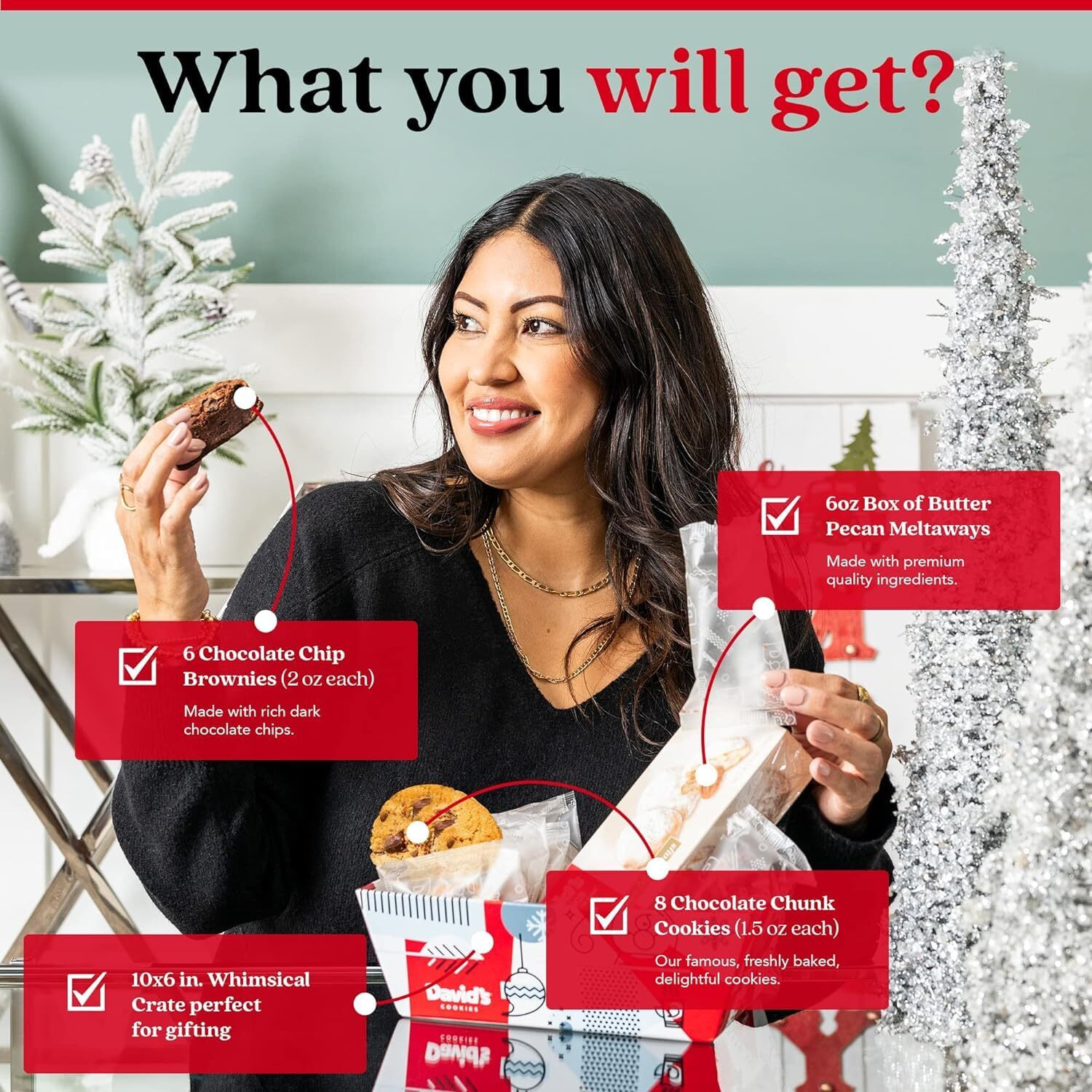 Davids Cookies Holiday Cookie Gift Basket In Winterwonderland Crate - Deliciously Flavored Cookies - Gourmet Chocolate Chunk Cookies, Butter Pecan Meltaways, And Chocolate Chip Brownies