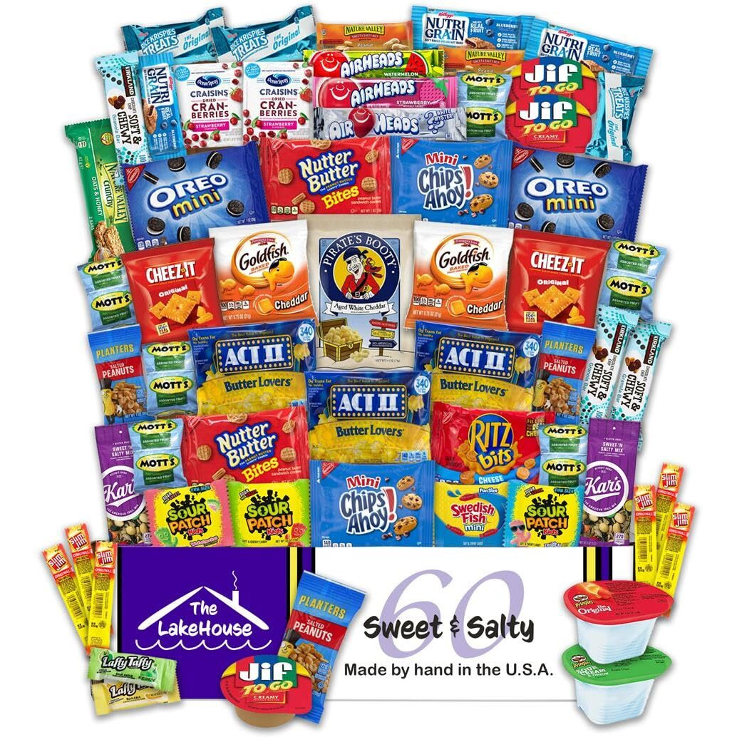 Snacks Variety Pack For Adults Kids Students - 60 Count Sweet And Salty - Inmates Soldiers Men Women - Camp Care Package Gift Basket - College Treats, Office Snacks, Snack Packs By The Lakehouse