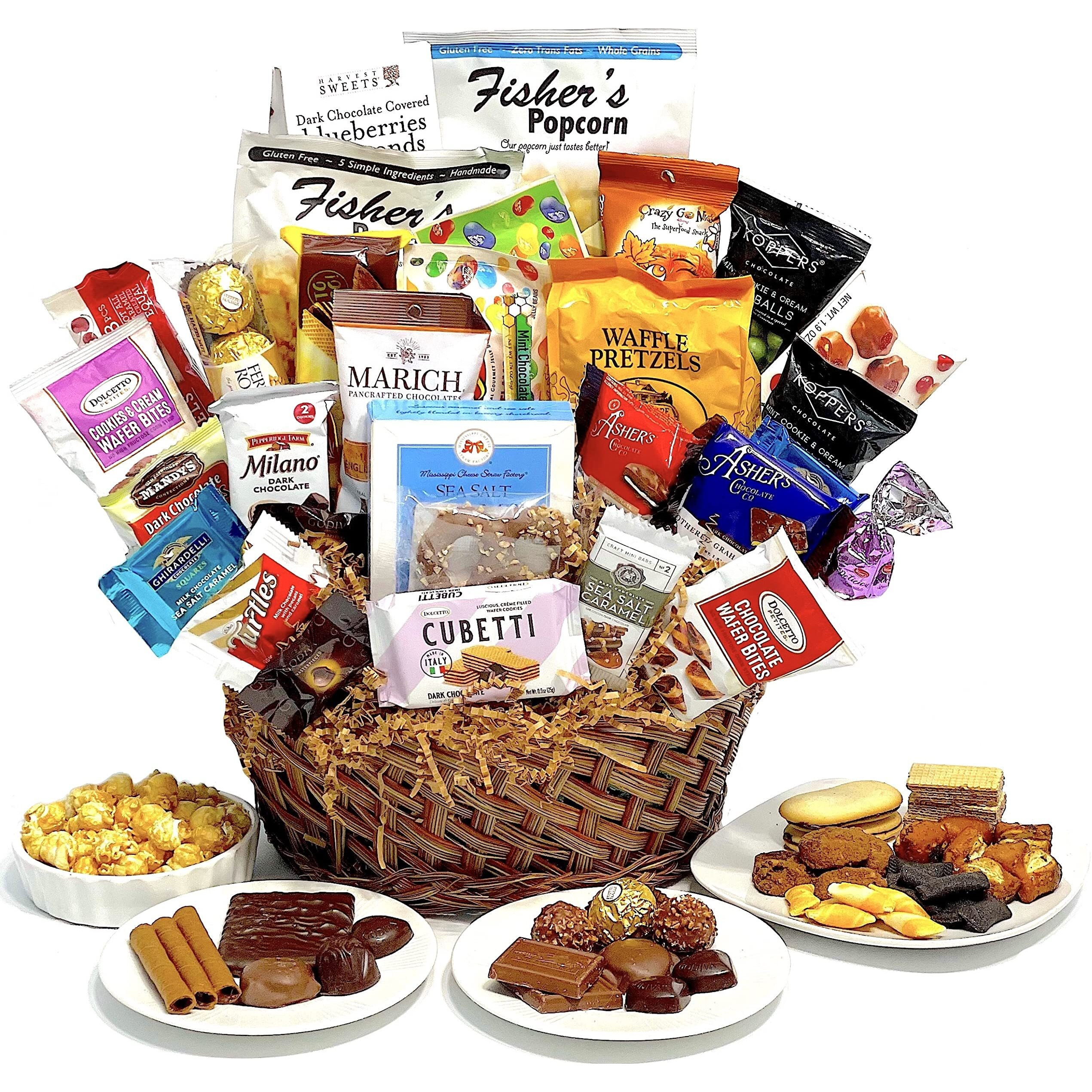 Hand-Crafted 33 Piece Customizable Chocolate Gift Basket Of Gourmet Chocolates, Cookies, And Crunches. Tasty Treats Selected For Businesses, Clients, Employees, Birthdays, Thank You And More