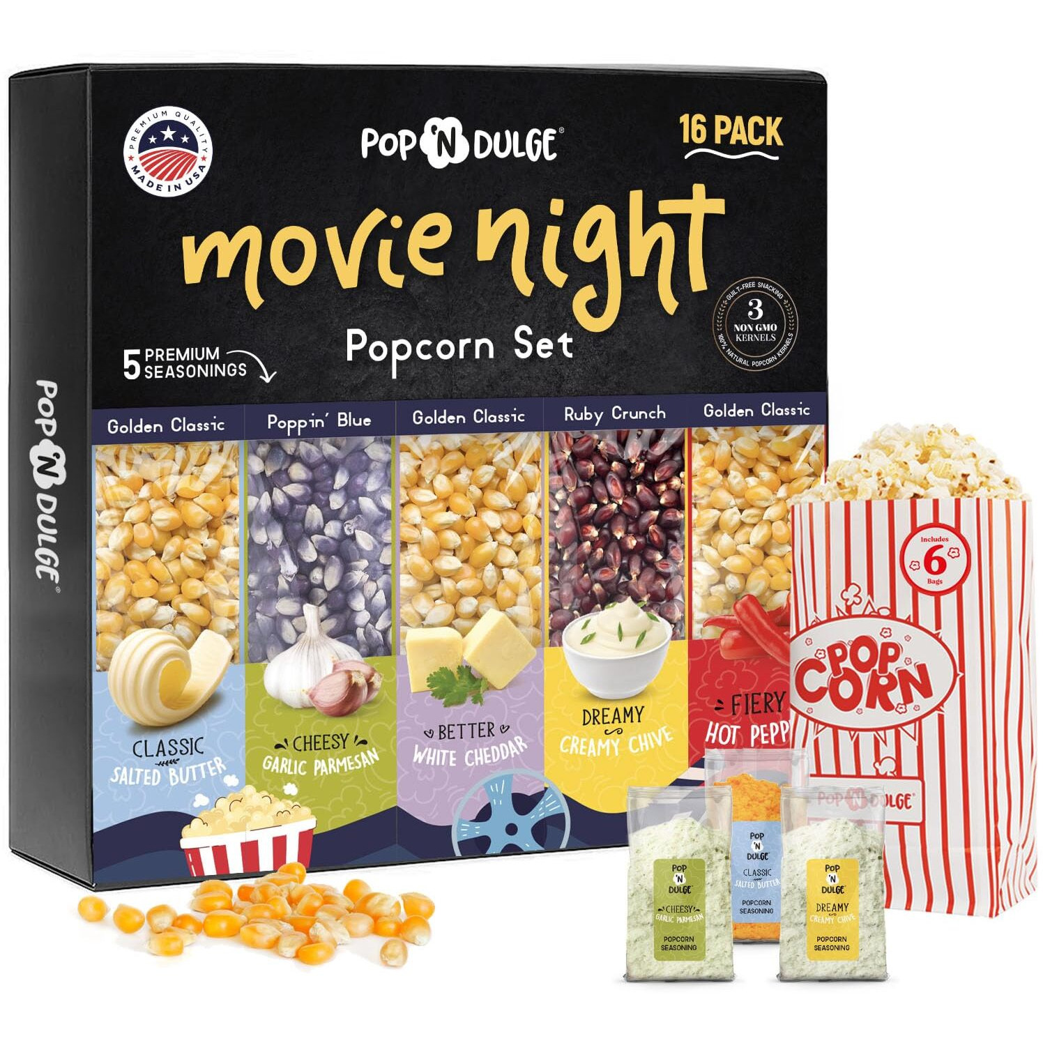 Popcorn Movie Night Supplies Popcorn Kernels Popcorn Seasoning 16 Pack, 5 Gourmet Popcorn Kernels, 5 Popcorn Seasoning Variety Packs Non-Gmo Snacks, Includes 6 Bags, Gift Basket Idea