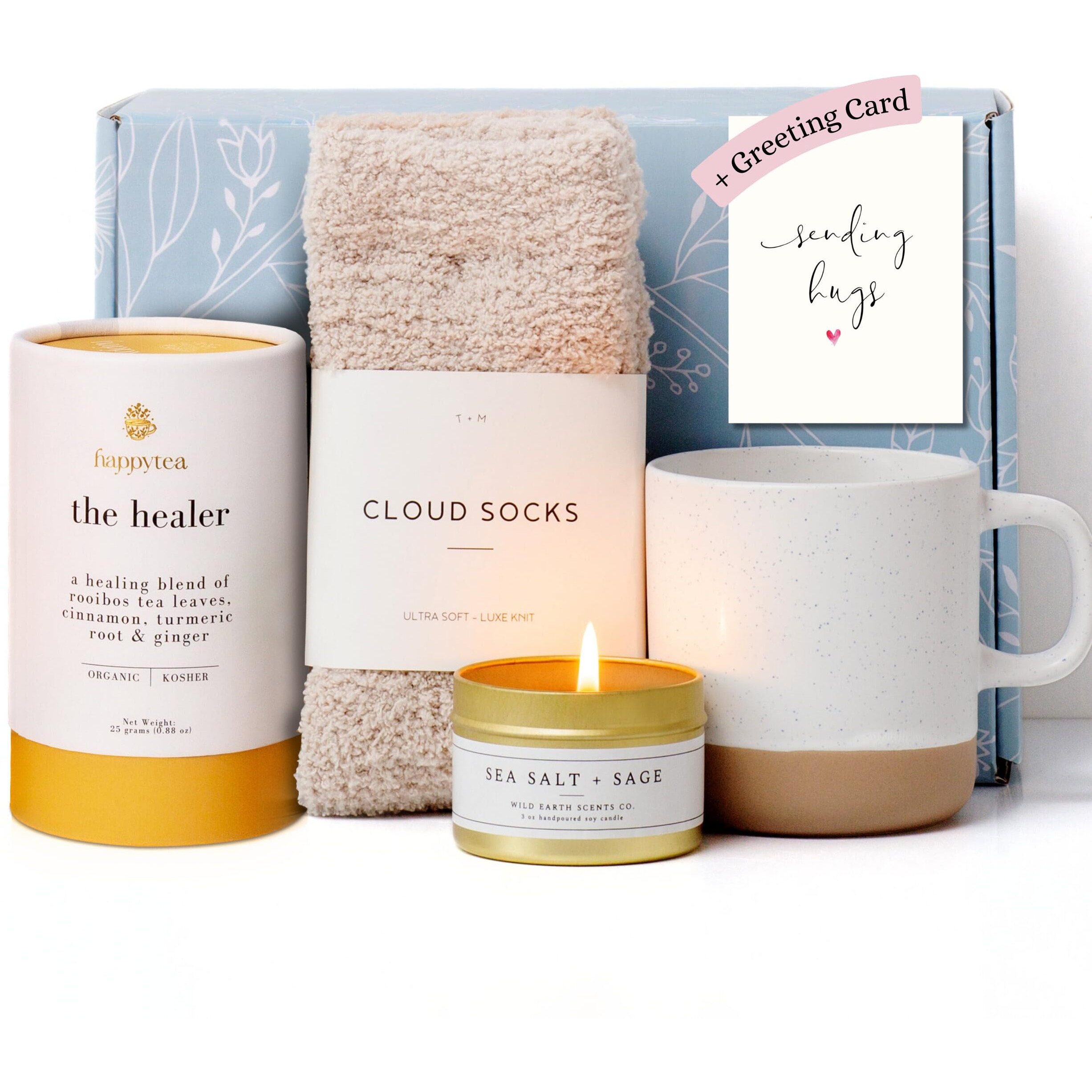 Unboxme Get Well Gift Box - Usda Organic Get Well Soon Self Care Package For Women | Fluffy Socks, Mug, Lemon & Ginger Tea Set, Sea Salt, Sage Scented Candle, Sending Hugs Card | Feel Better Basket