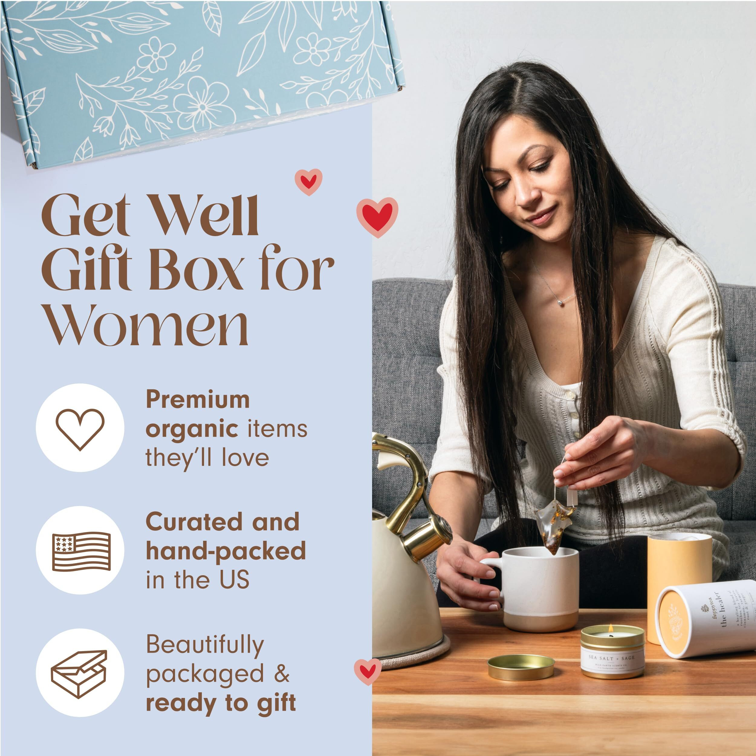 Unboxme Get Well Gift Box - Usda Organic Get Well Soon Self Care Package For Women | Fluffy Socks, Mug, Lemon & Ginger Tea Set, Sea Salt, Sage Scented Candle, Sending Hugs Card | Feel Better Basket