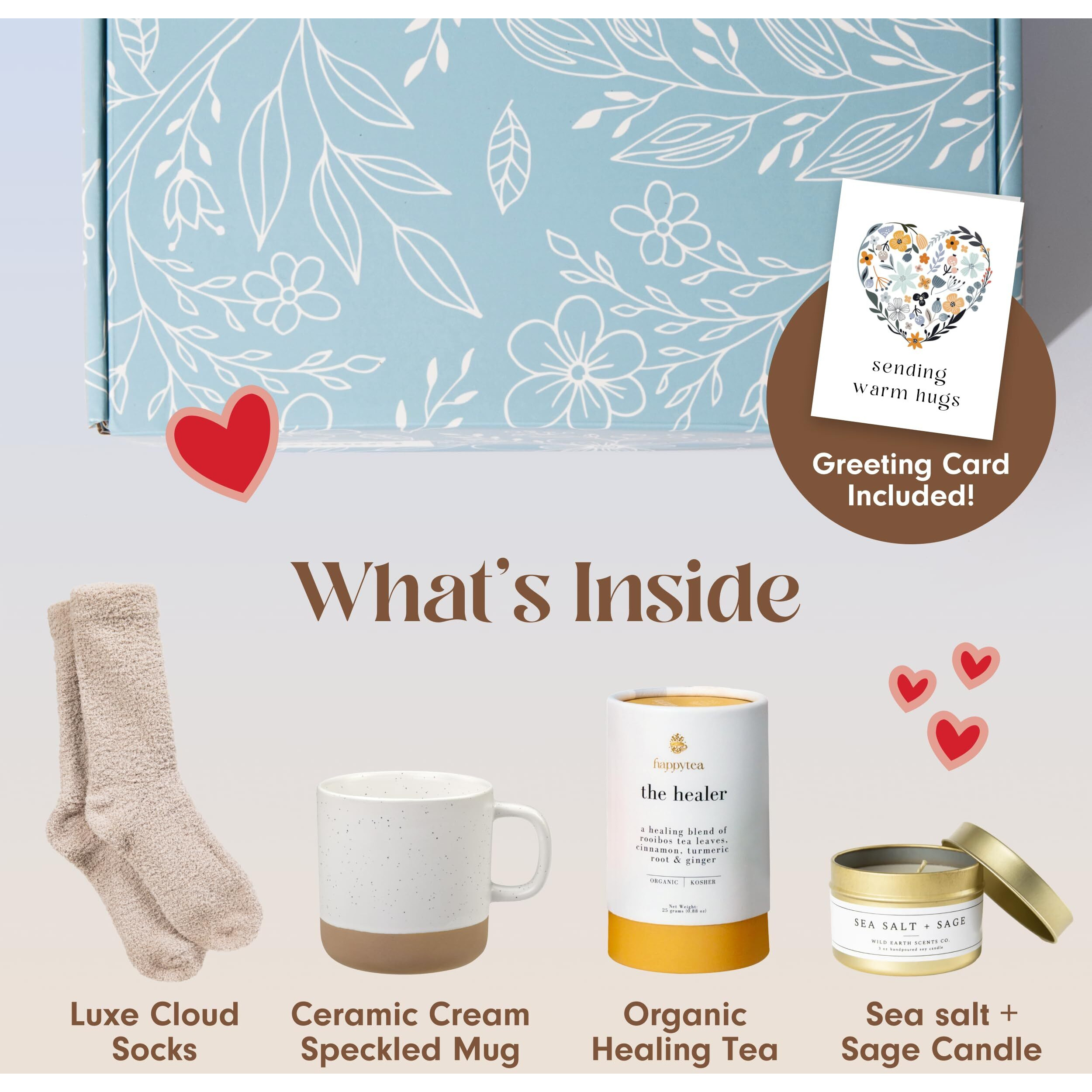 Unboxme Get Well Gift Box - Usda Organic Get Well Soon Self Care Package For Women | Fluffy Socks, Mug, Lemon & Ginger Tea Set, Sea Salt, Sage Scented Candle, Sending Hugs Card | Feel Better Basket