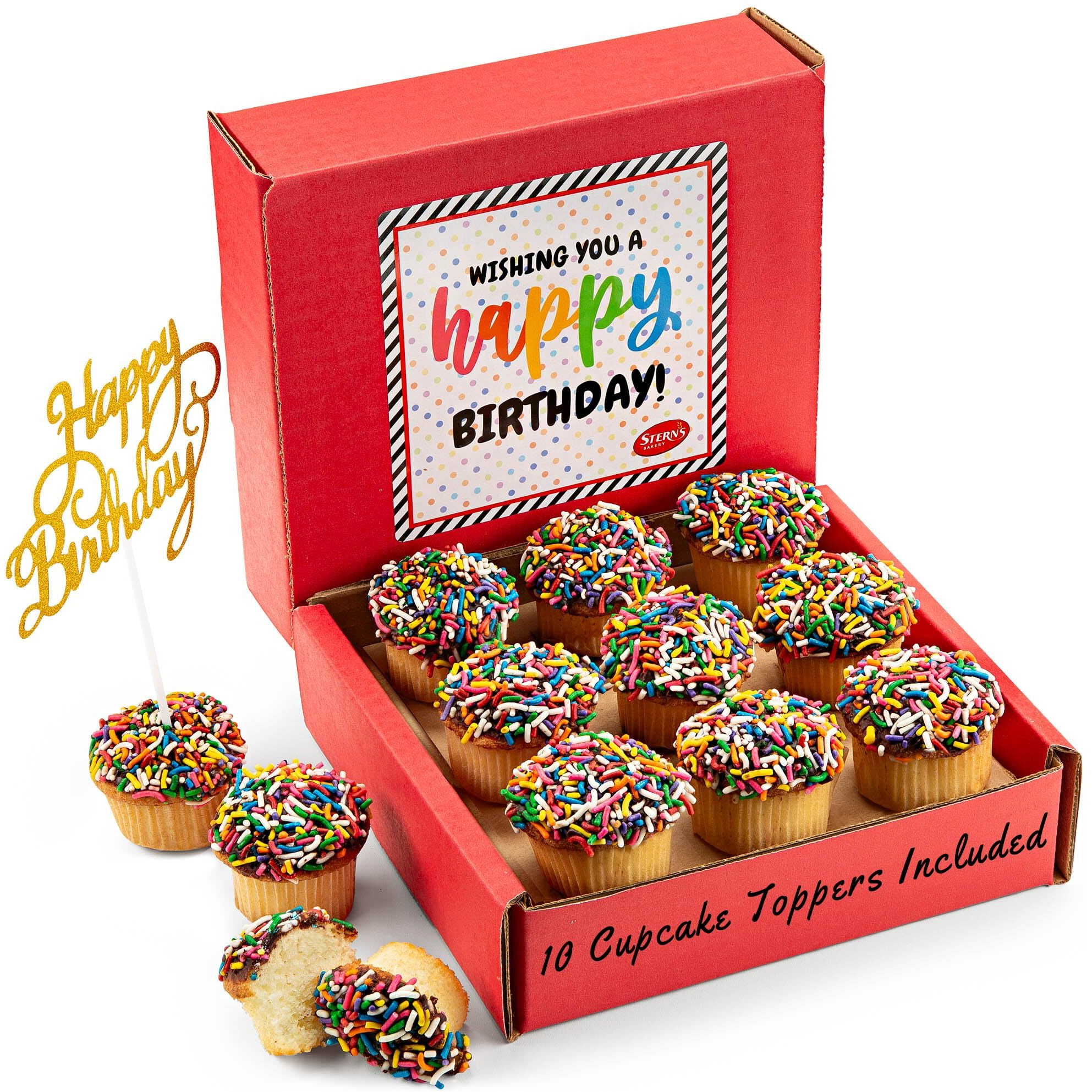 Birthday Gift Basket | Happy Birthday Cupcakes [9 Count] | Mini Rainbow Sprinkle Cupcakes Individually Wrapped | 10 Cupcake Toppers Included | Birthday Treats For Kids, Men, Women| Kosher, Nut Free | Sterns Bakery