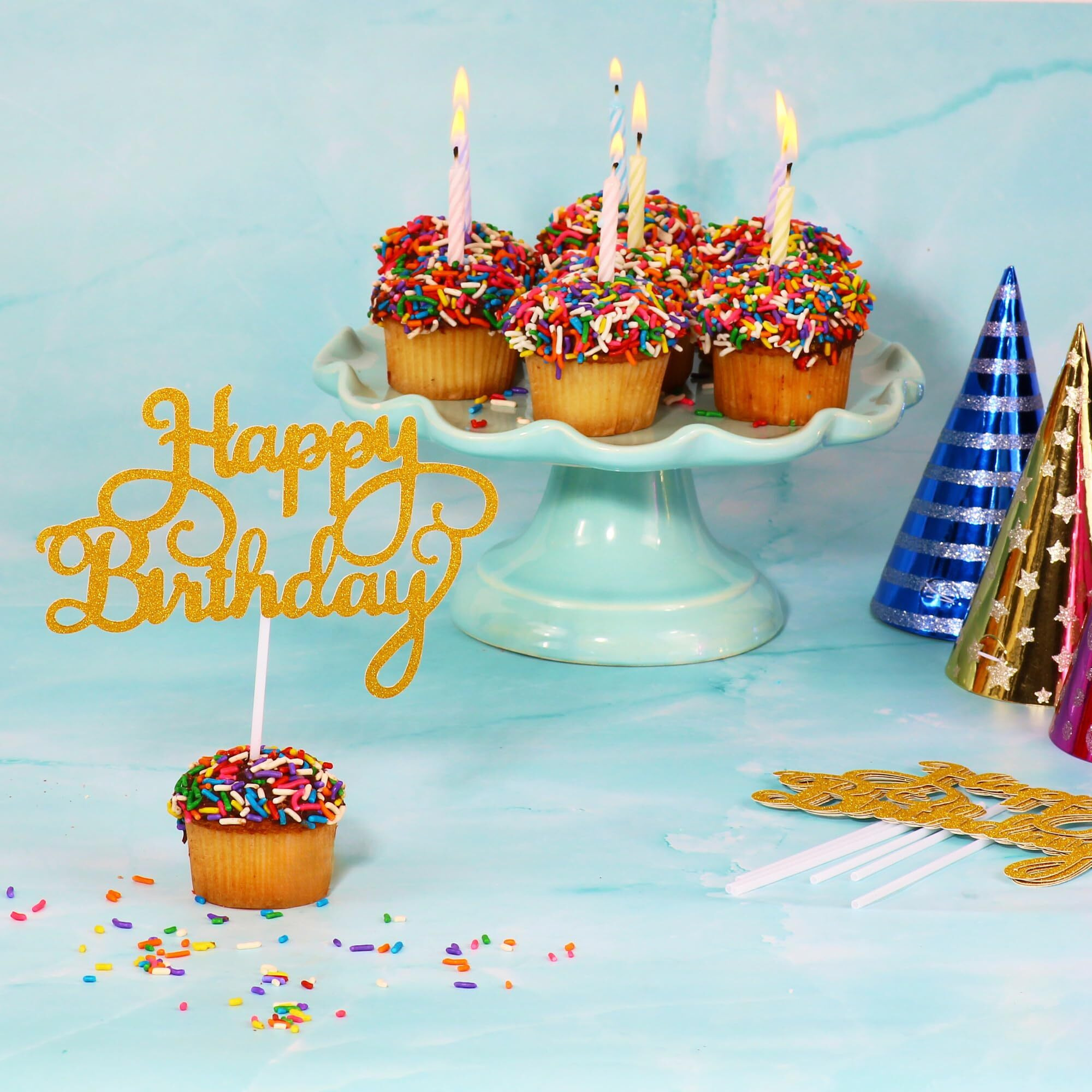 Birthday Gift Basket | Happy Birthday Cupcakes [9 Count] | Mini Rainbow Sprinkle Cupcakes Individually Wrapped | 10 Cupcake Toppers Included | Birthday Treats For Kids, Men, Women| Kosher, Nut Free | Sterns Bakery