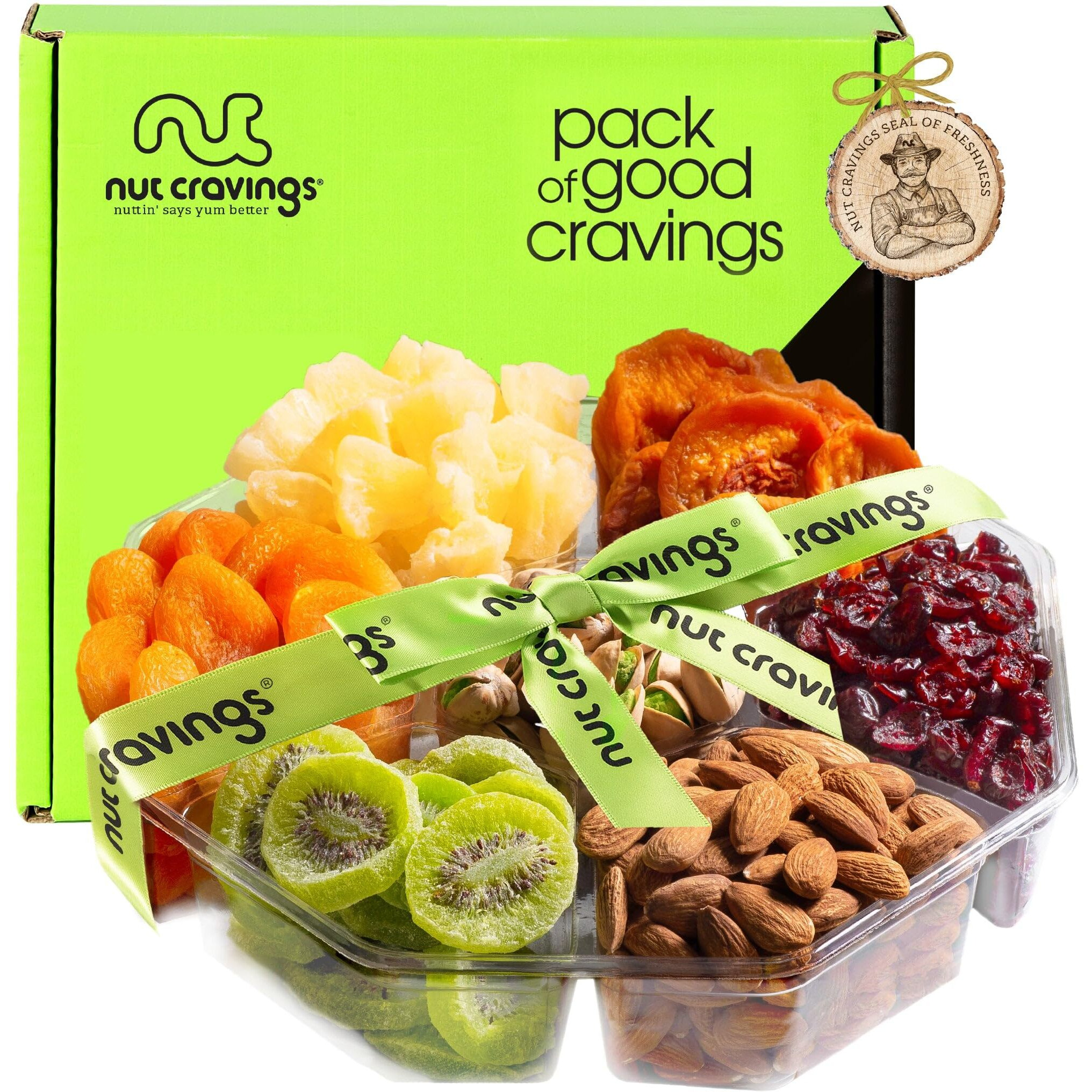 Nut Cravings Gourmet Collection - Rosh Hashana & Shana Tova Dried Fruit & Mixed Nuts Gift Basket + Green Ribbon (7 Assortments, 2 Lb) Arrangement Platter, Bday Care Package Healthy Kosher