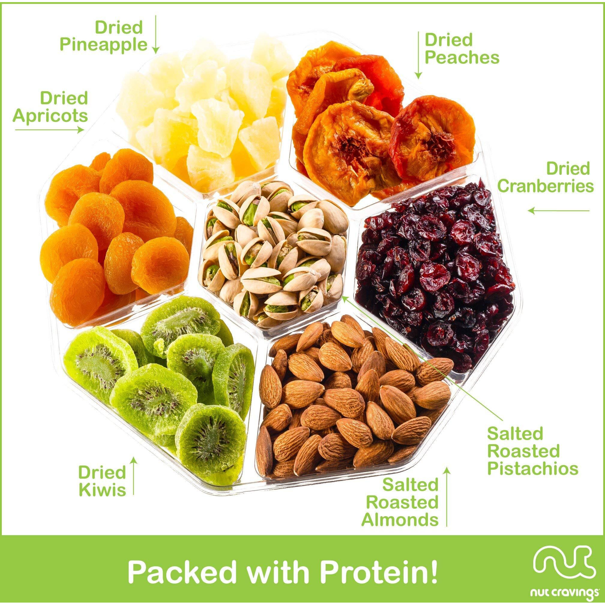 Nut Cravings Gourmet Collection - Rosh Hashana & Shana Tova Dried Fruit & Mixed Nuts Gift Basket + Green Ribbon (7 Assortments, 2 Lb) Arrangement Platter, Bday Care Package Healthy Kosher