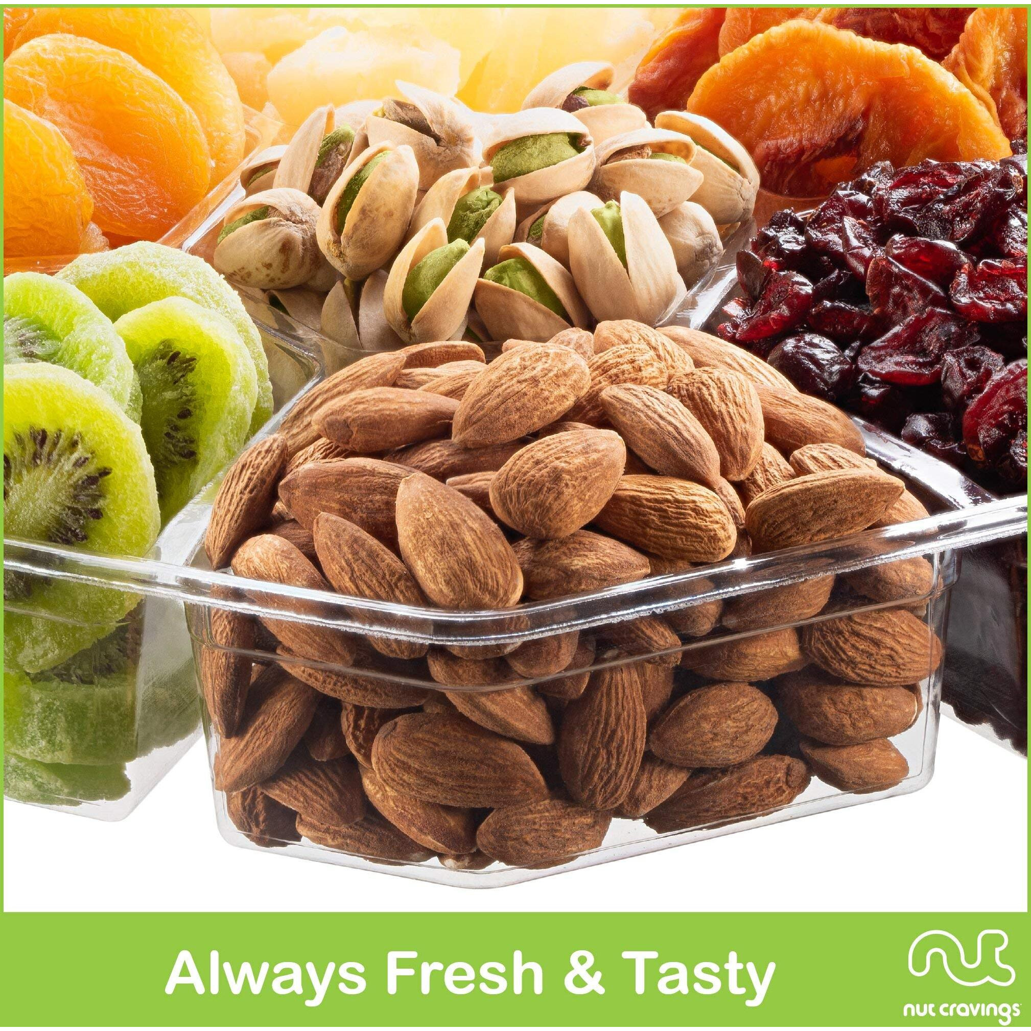 Nut Cravings Gourmet Collection - Rosh Hashana & Shana Tova Dried Fruit & Mixed Nuts Gift Basket + Green Ribbon (7 Assortments, 2 Lb) Arrangement Platter, Bday Care Package Healthy Kosher