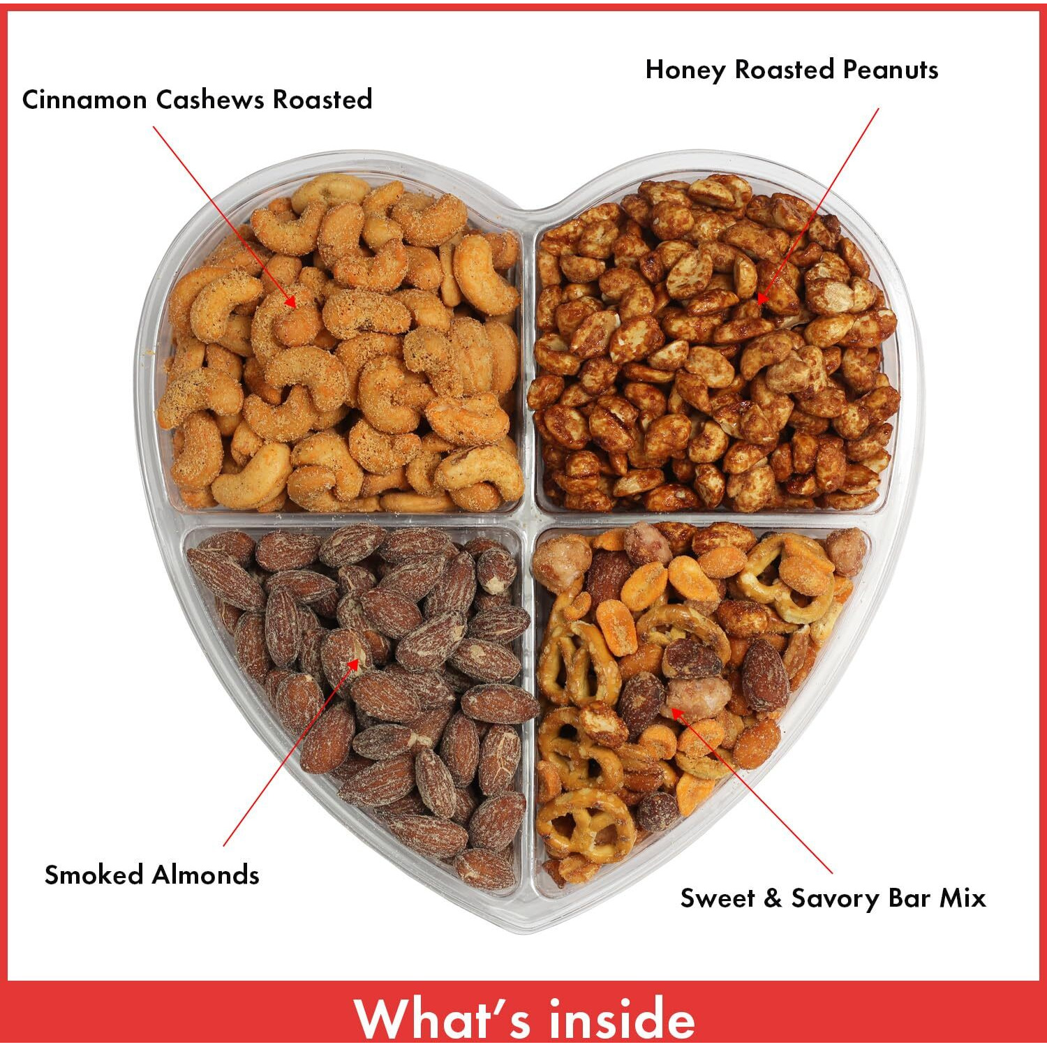 Heart Shaped (4 Assortments) Nuts Gift Tray - Variety Of Sweet & Freshley Roasted, Flavored And Salted Gourmet Nuts - Large Nuts Gift Basket - Healthy Nuts Gift , Anniversary, Birthday, Thank You, Sympathy Gift, Get Well
