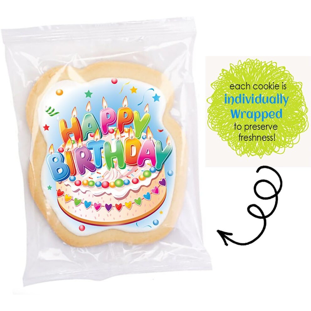 Happy Birthday Cookies Decorated Gift Basket Large 6 Pack | Individually Wrapped Sugar Cookie Jumbo With Icing Cake Party | Nut-Free Kosher
